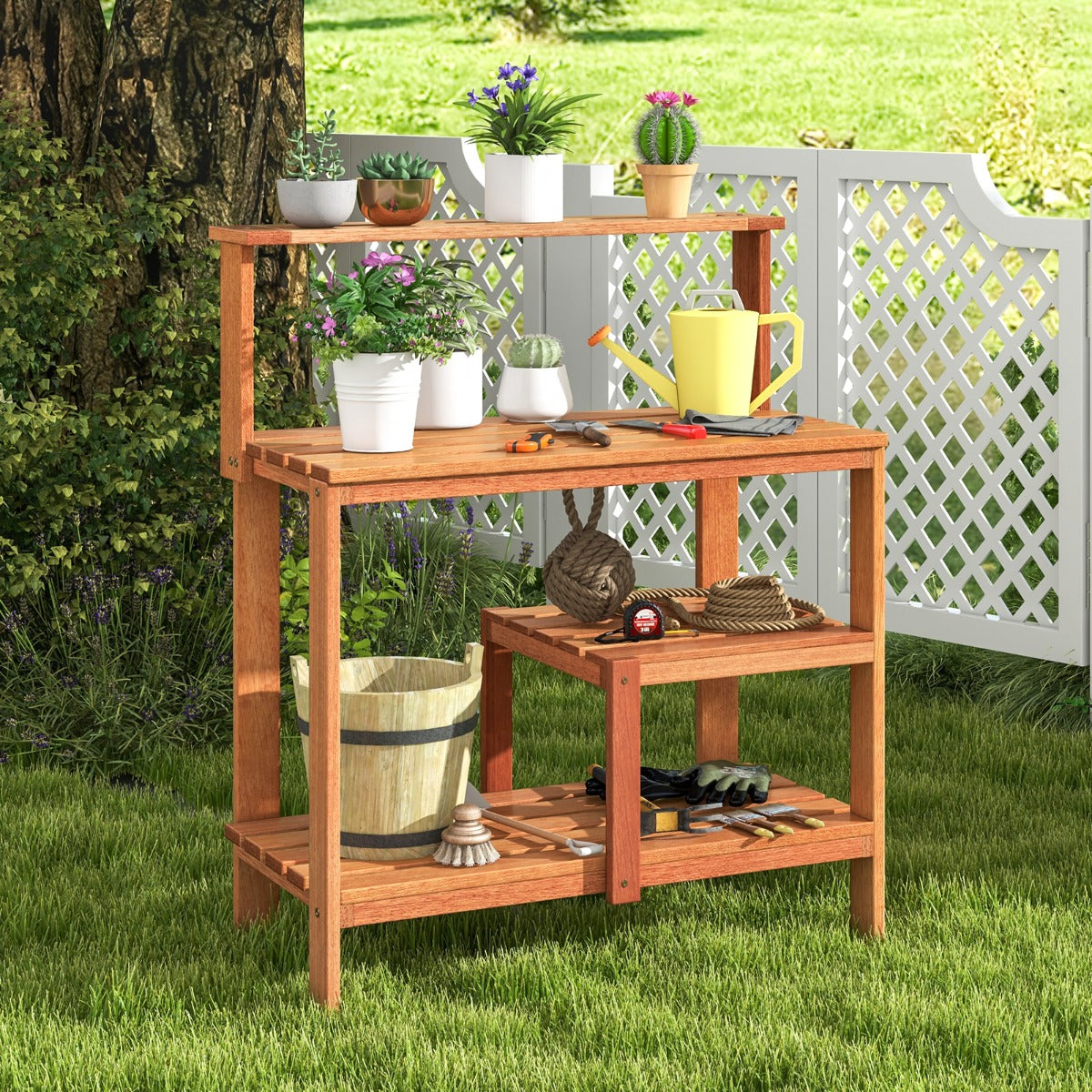 Garden Potting Bench Table with Open Shelves and Teak Oil Finish