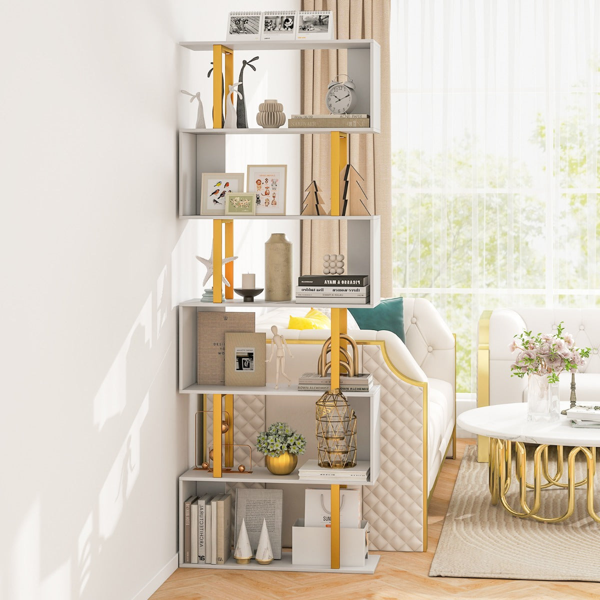 5/6-Tier Geometric Bookcase with Metal Frame and Anti-tipping Kits-6-Tier
