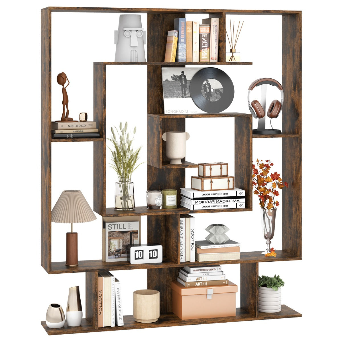 7-Tier Geometric Bookshelf with 2 Anti-Tipping Kits-Rustic Brown