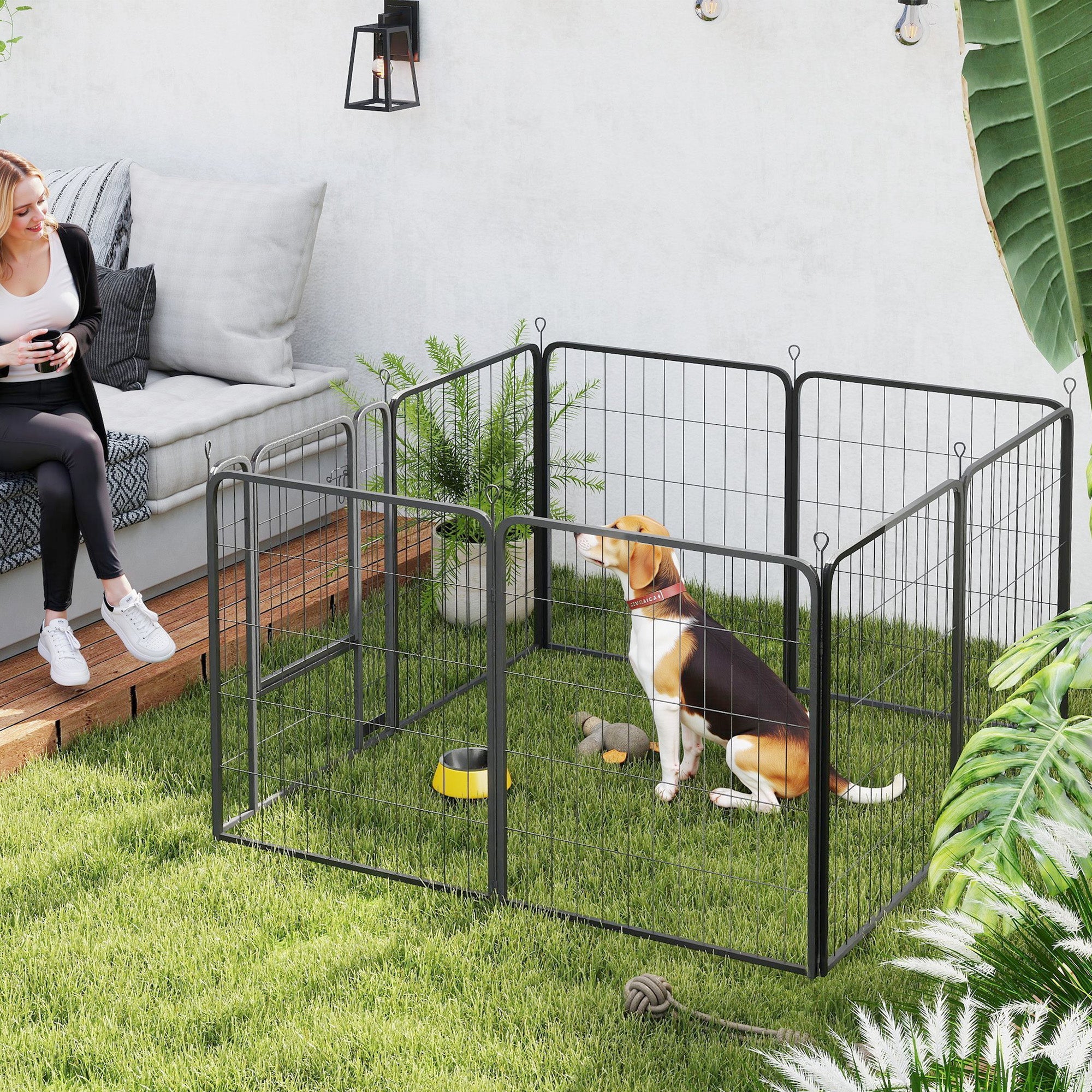 PawHut Eight-Panel Dog Playpen with Door, for Large Dogs, Indoors, Outdoors, 80cm Tall, Black