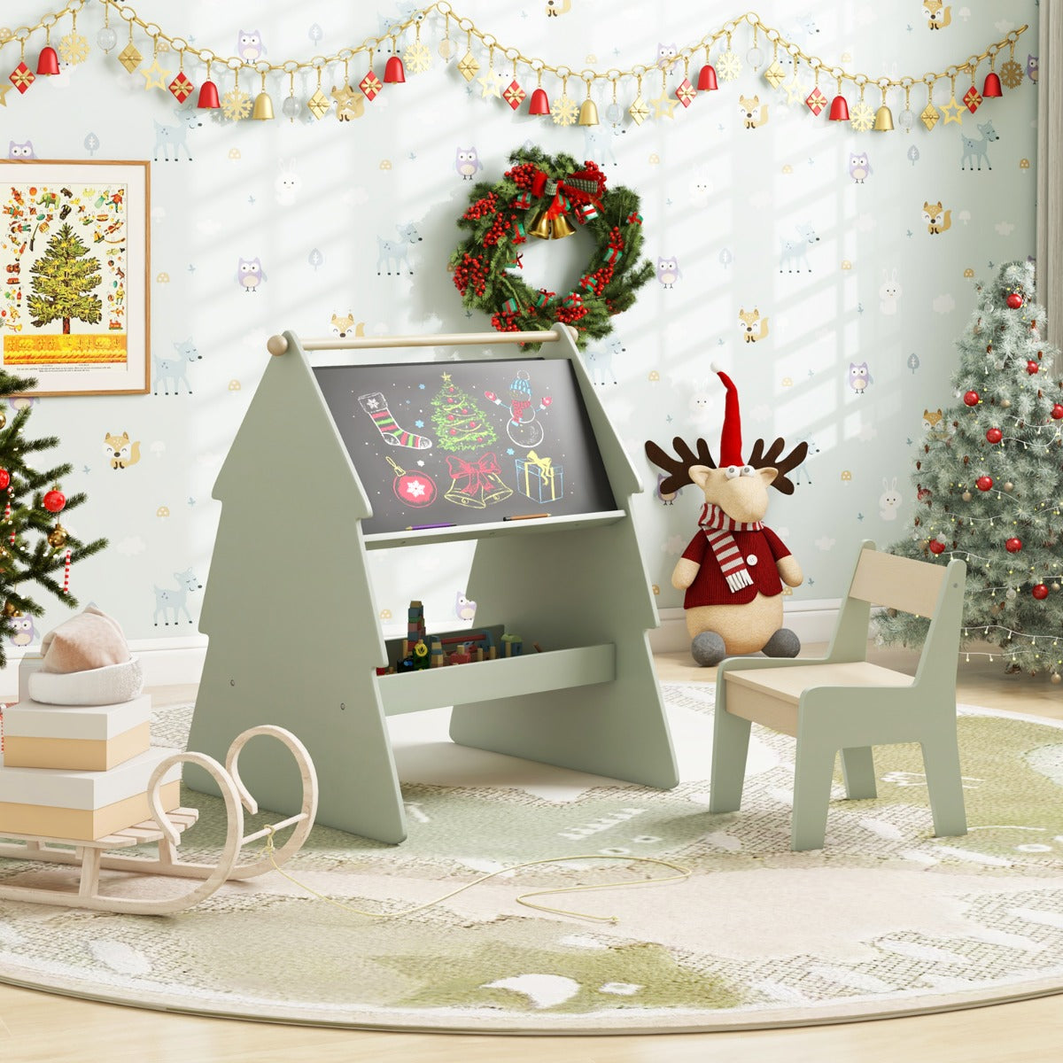 2-in-1 Double-sided Kids Art Easel with Stool and Paper Roll Holder-Green