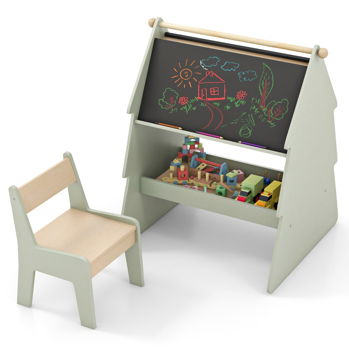 2-in-1 Double-sided Kids Art Easel with Stool and Paper Roll Holder-Green