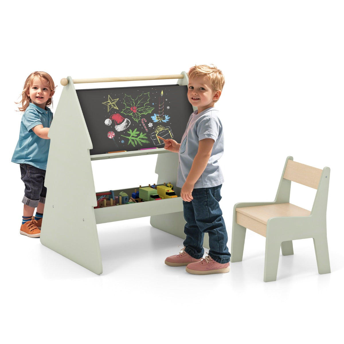 2-in-1 Double-sided Kids Art Easel with Stool and Paper Roll Holder-Green