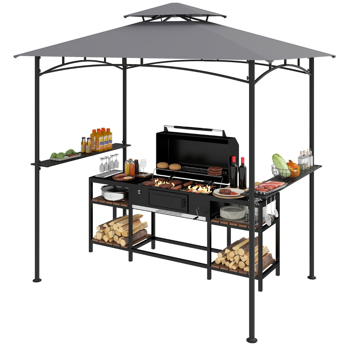 242 x 150 cm Grill Gazebo with 2 Shelves and 6 Hooks-Grey