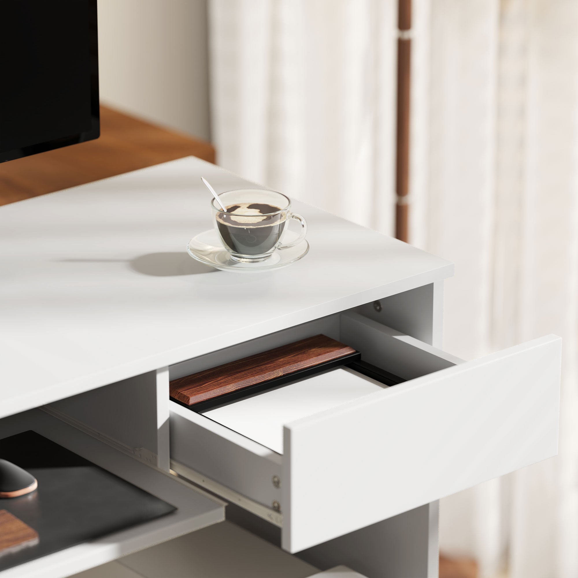 HOMCOM 100cm Compact Computer Desk with Keyboard Tray, Home Office Desk with Drawer for Bedroom Study, White