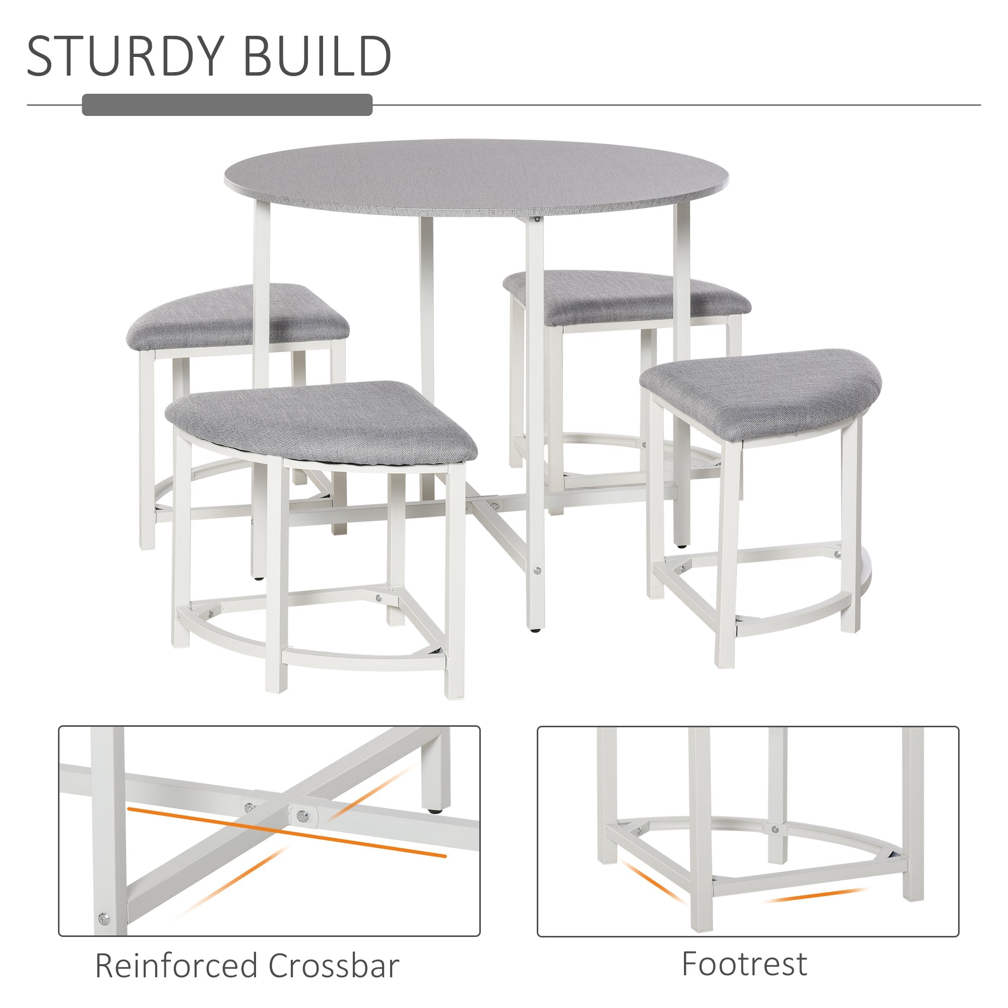 HOMCOM Modern Round Dining Table Set with 4 Upholstered Stools for Dining Room, Kitchen, Grey