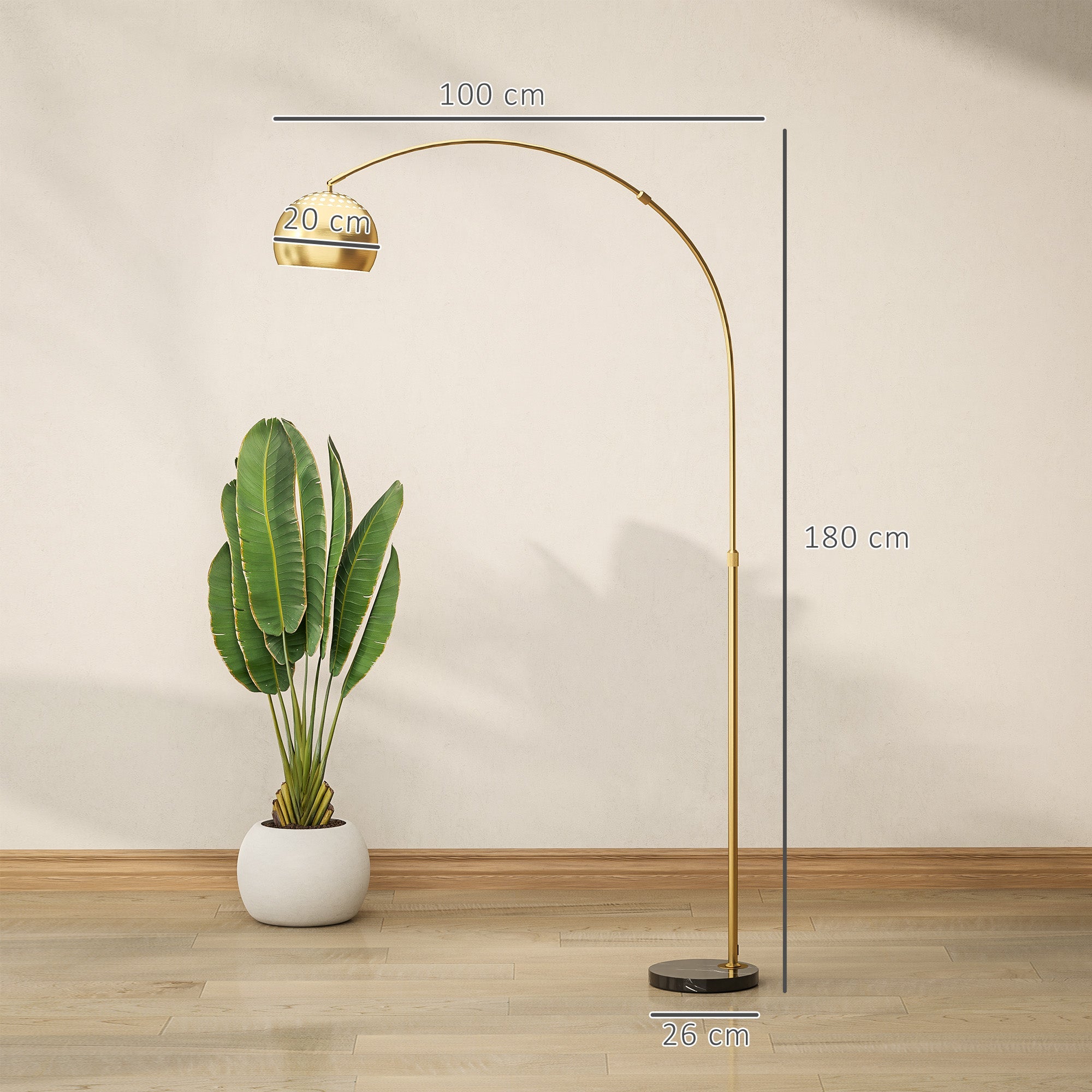 HOMCOM 180cm Arc Floor Lamp for Living Room, Modern Adjustable Standing Lamp with Foot Switch, Faux Black Marble Base and Bell Shade for Home Offices, Bedrooms, Gold Tone