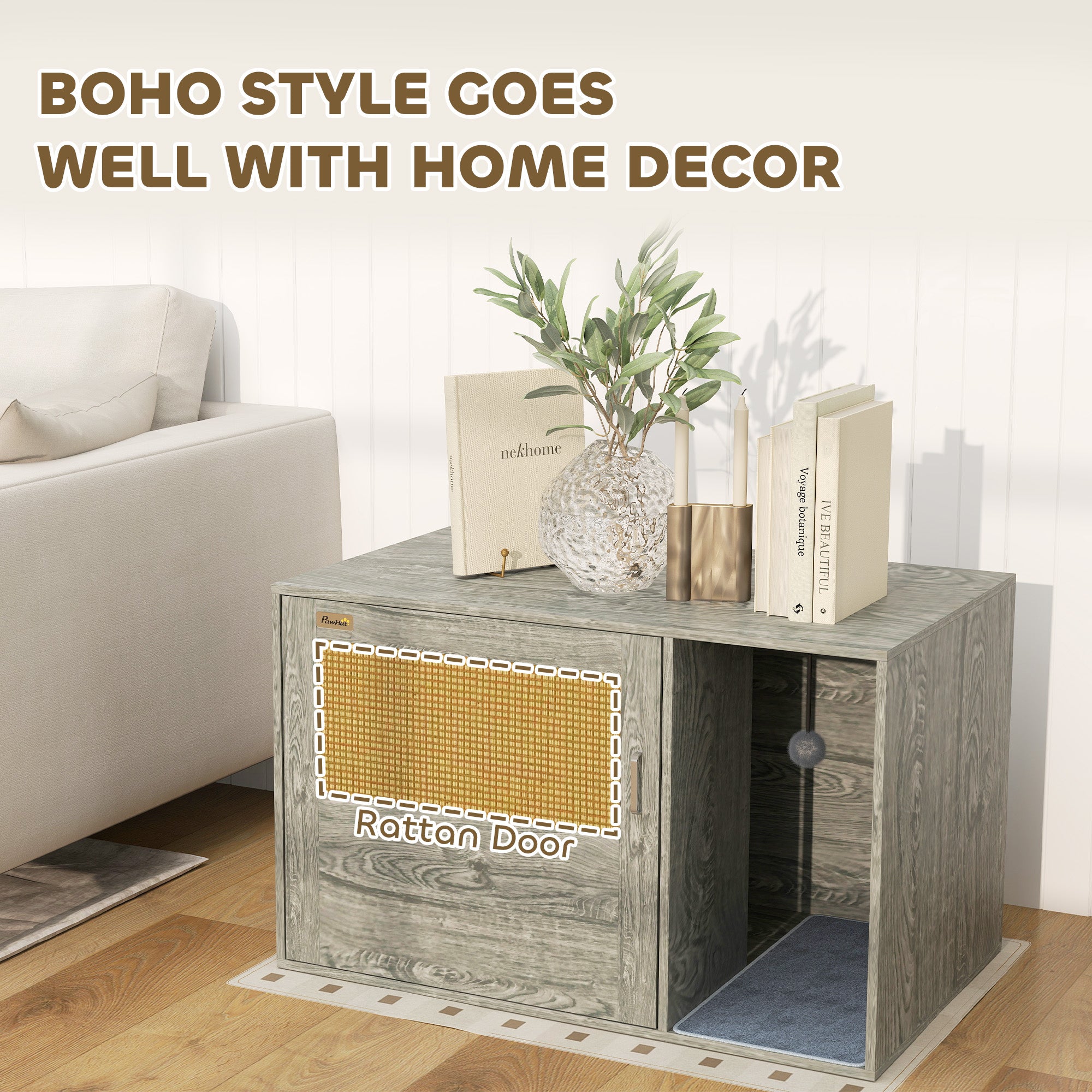 PawHut Cat Litter Box Enclosure with Rattan Door, Scratching Mat, Toy Ball, Non-Slip Foot Pads, Grey