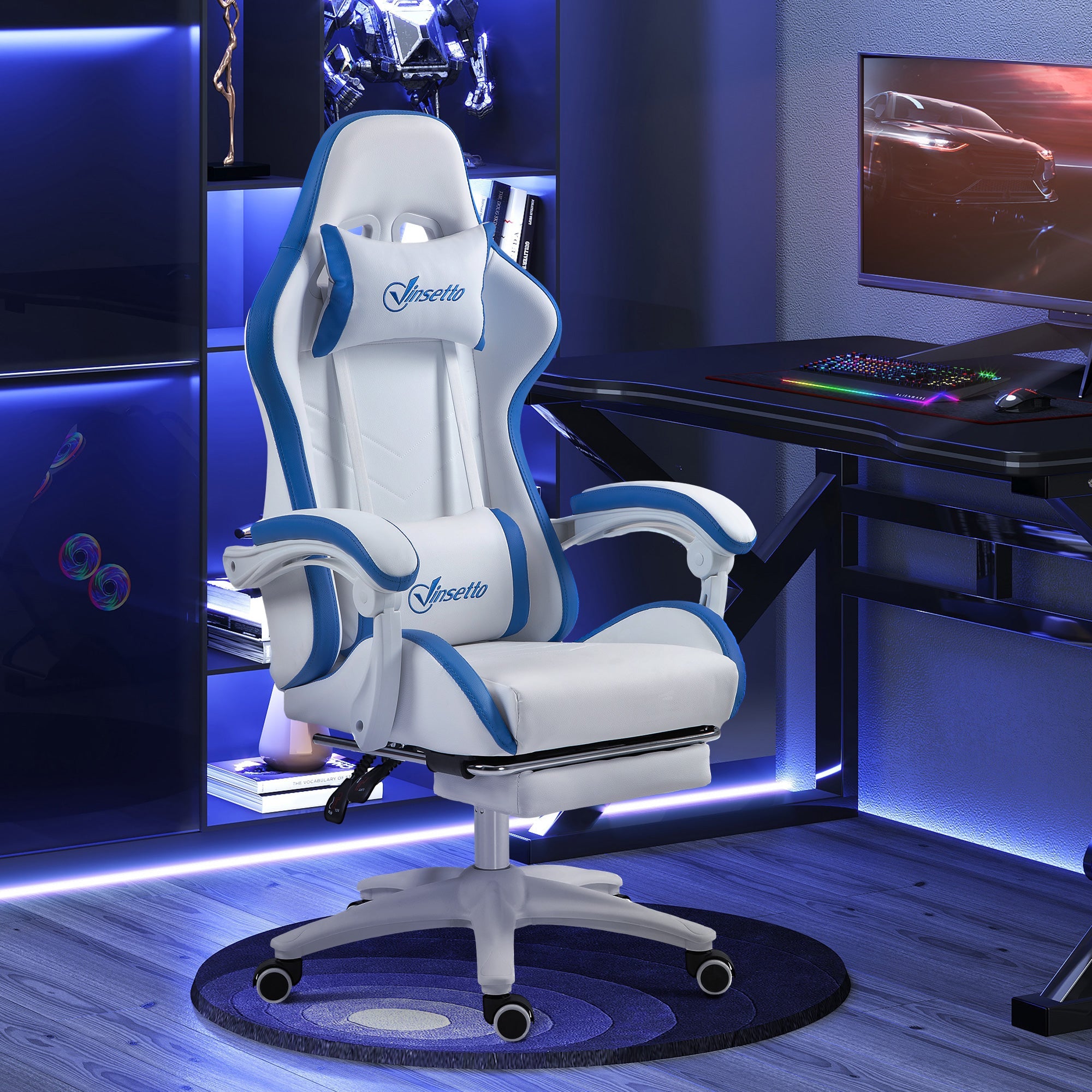 Vinsetto Computer Gaming Chair, PU Leather Office Desk Chair with Footrest, Swivel Wheels, 135√Ç¬∞ Reclining Back, Lumbar Support, Headrest for Home, White and Blue