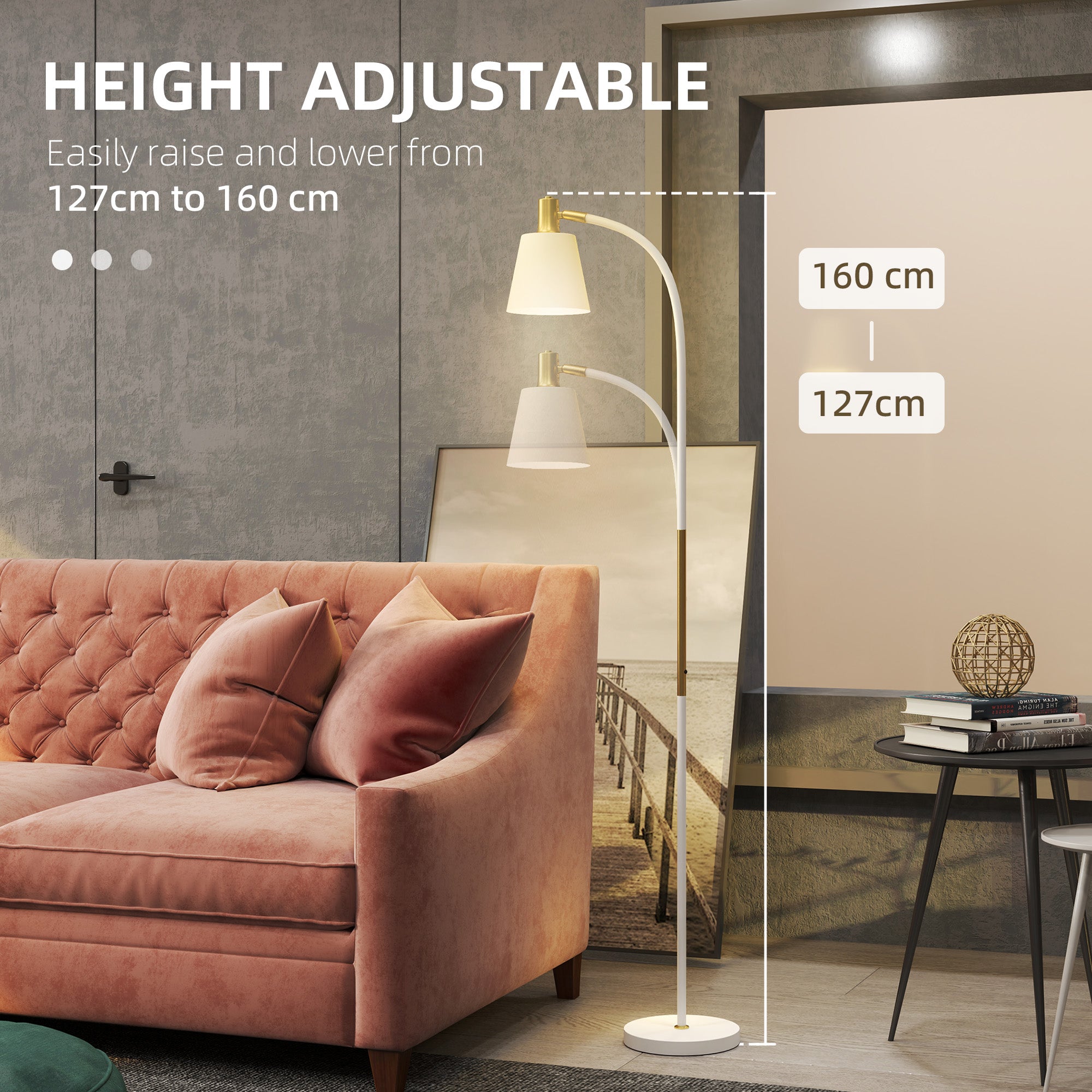 HOMCOM Floor Lamp for Living Room, Spotlight Reading Standing Lamp with Adjustable Height, Rocker on/off Switch, Indoor Task Lighting for Bedroom, Office, White (Bulb not Included)