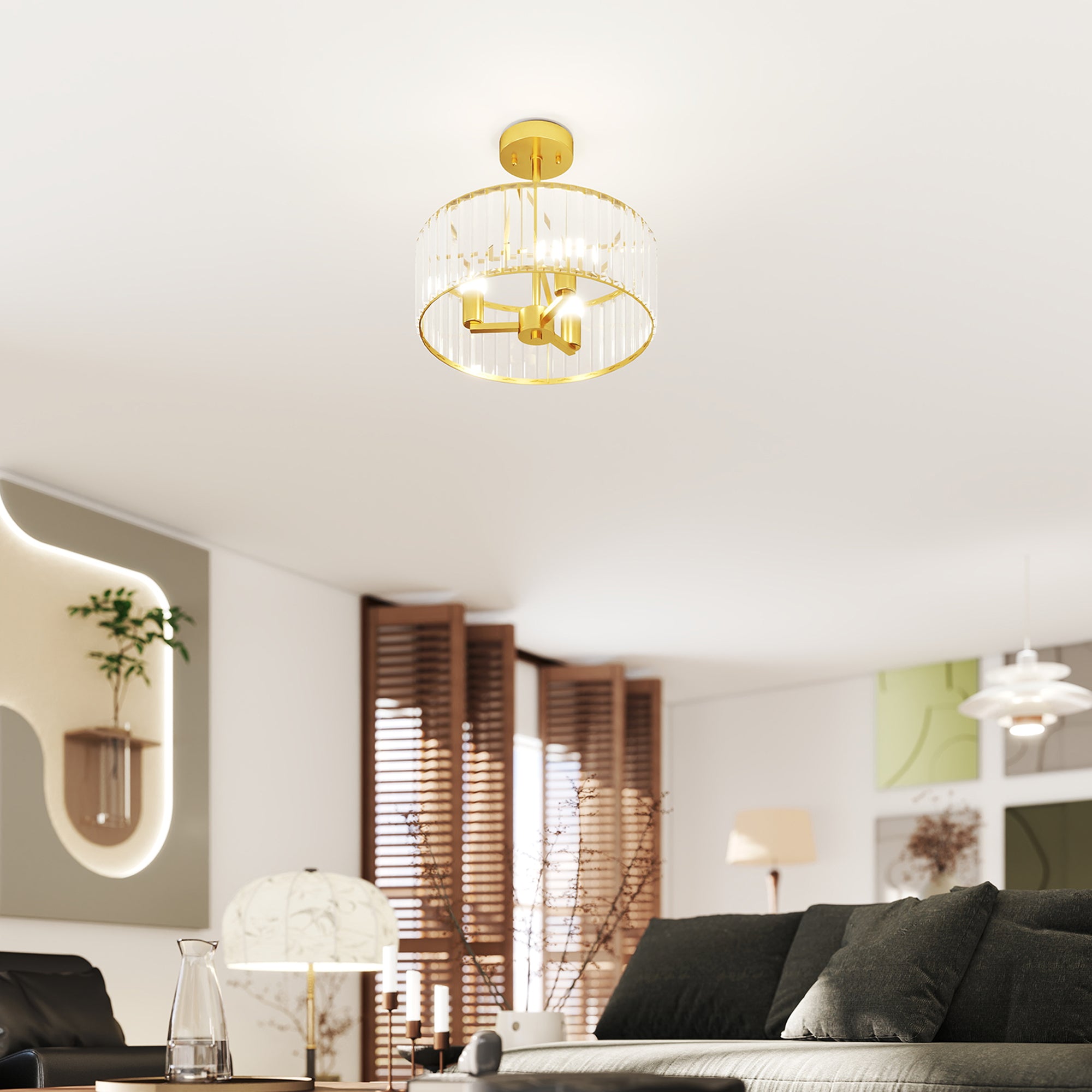 HOMCOM Crystal Ceiling Light Fixture, Semi Flush Mount Modern Crystal Chandelier Ceiling Light for Living Room, Bedroom, Hallway, Dining Room, E14 Base 3-Lights, Gold Tone