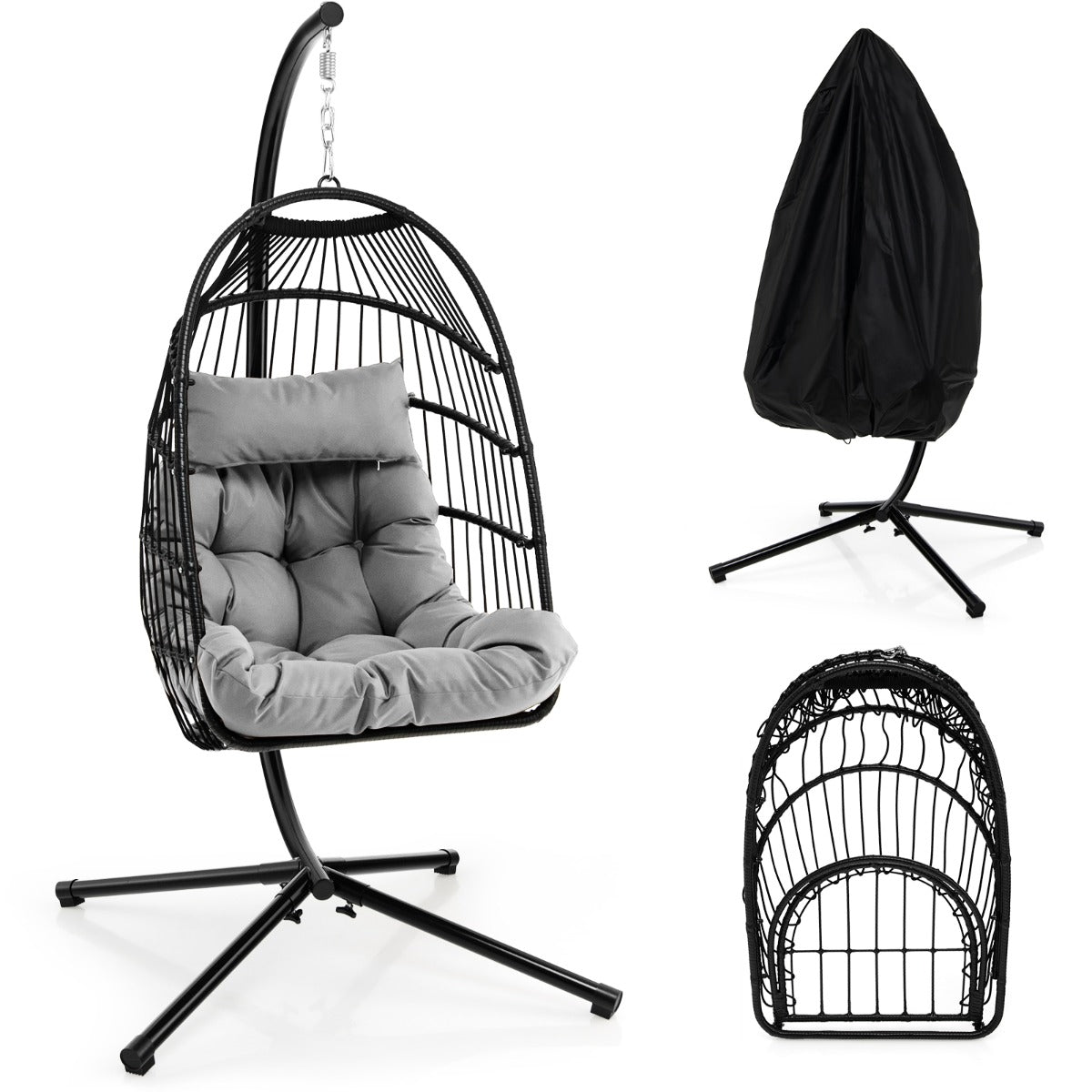 Hanging Swing Egg Chair with Stand Cozy Head Pillow Cushion-Grey