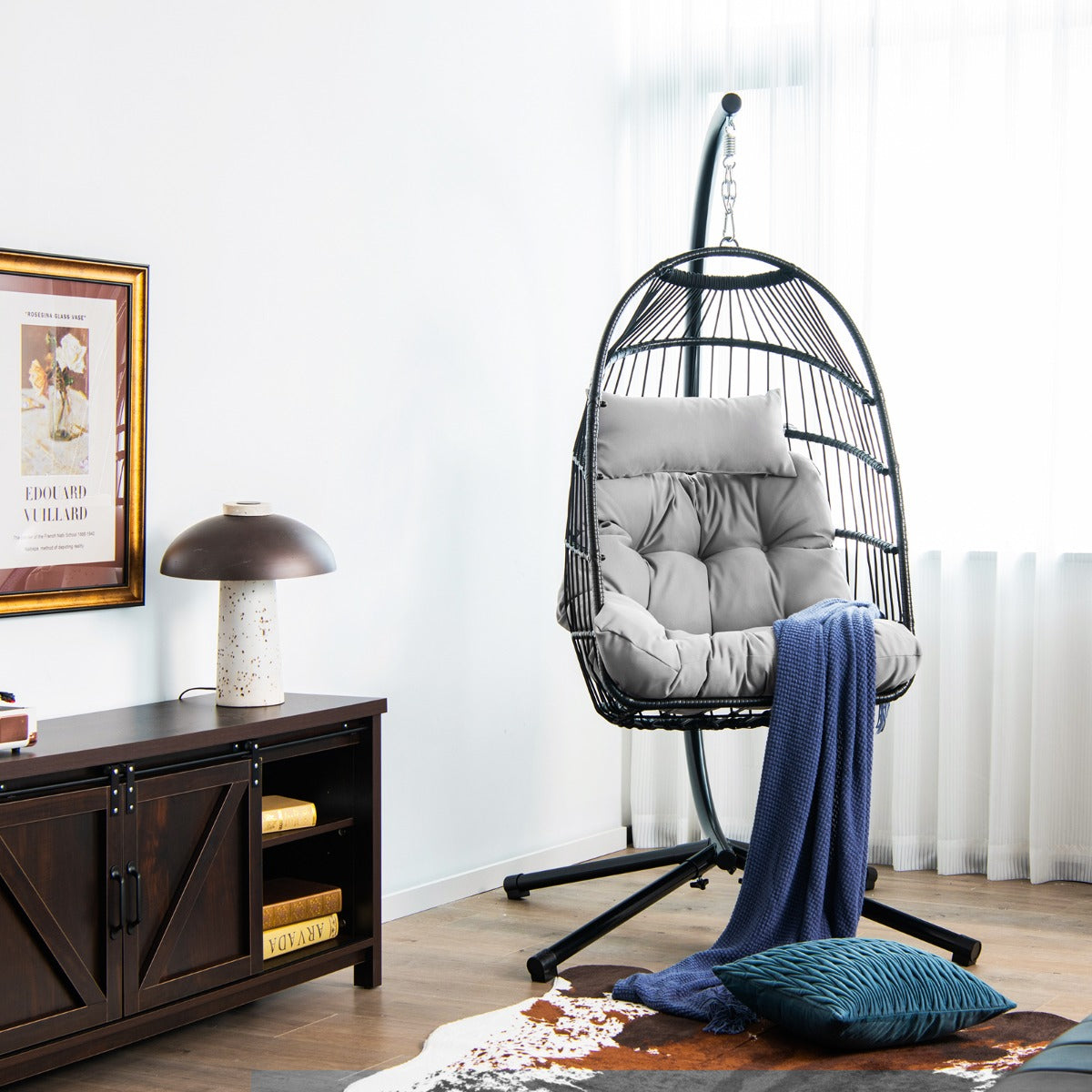 Hanging Swing Egg Chair with Stand Cozy Head Pillow Cushion-Grey