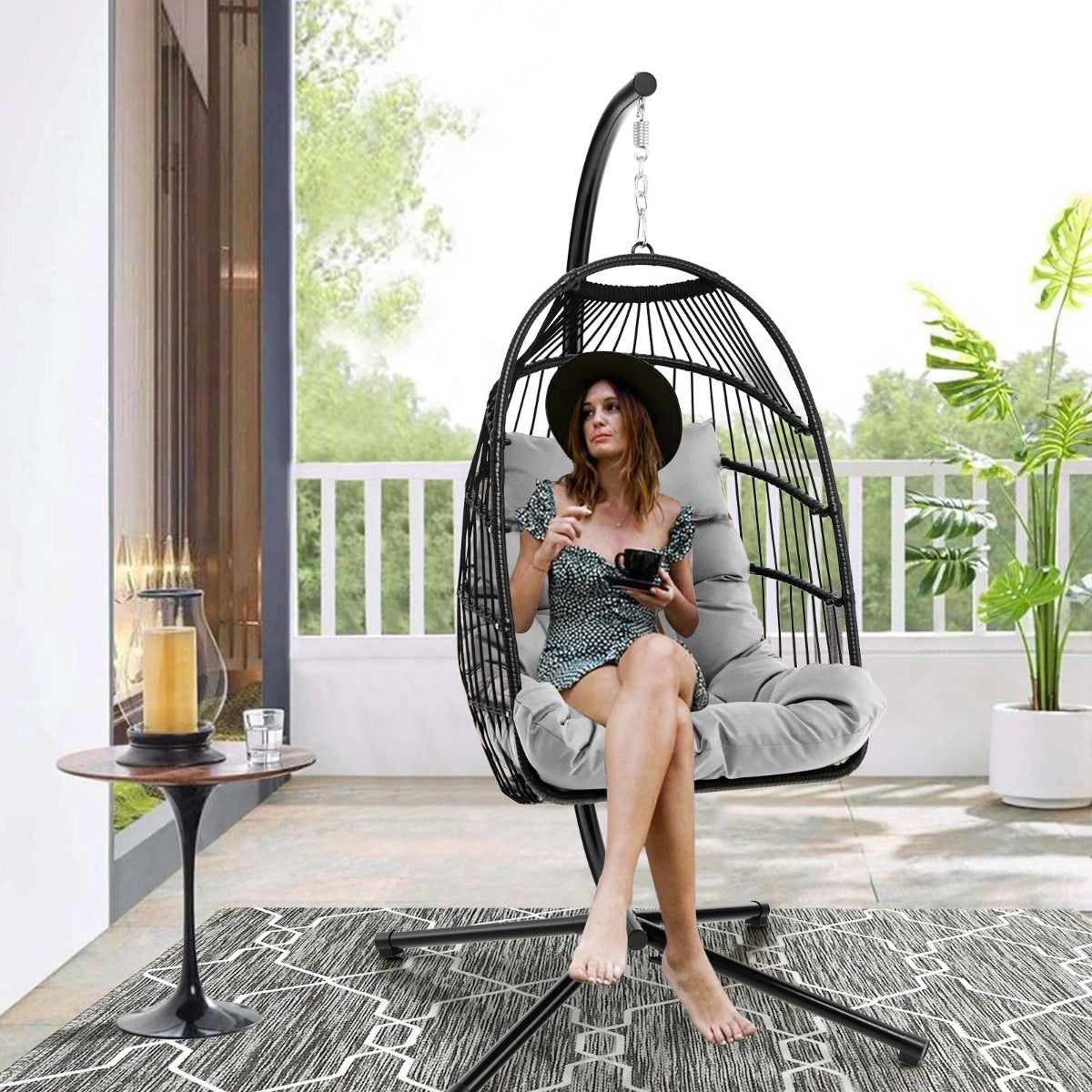 Hanging Swing Egg Chair with Stand Cozy Head Pillow Cushion-Grey