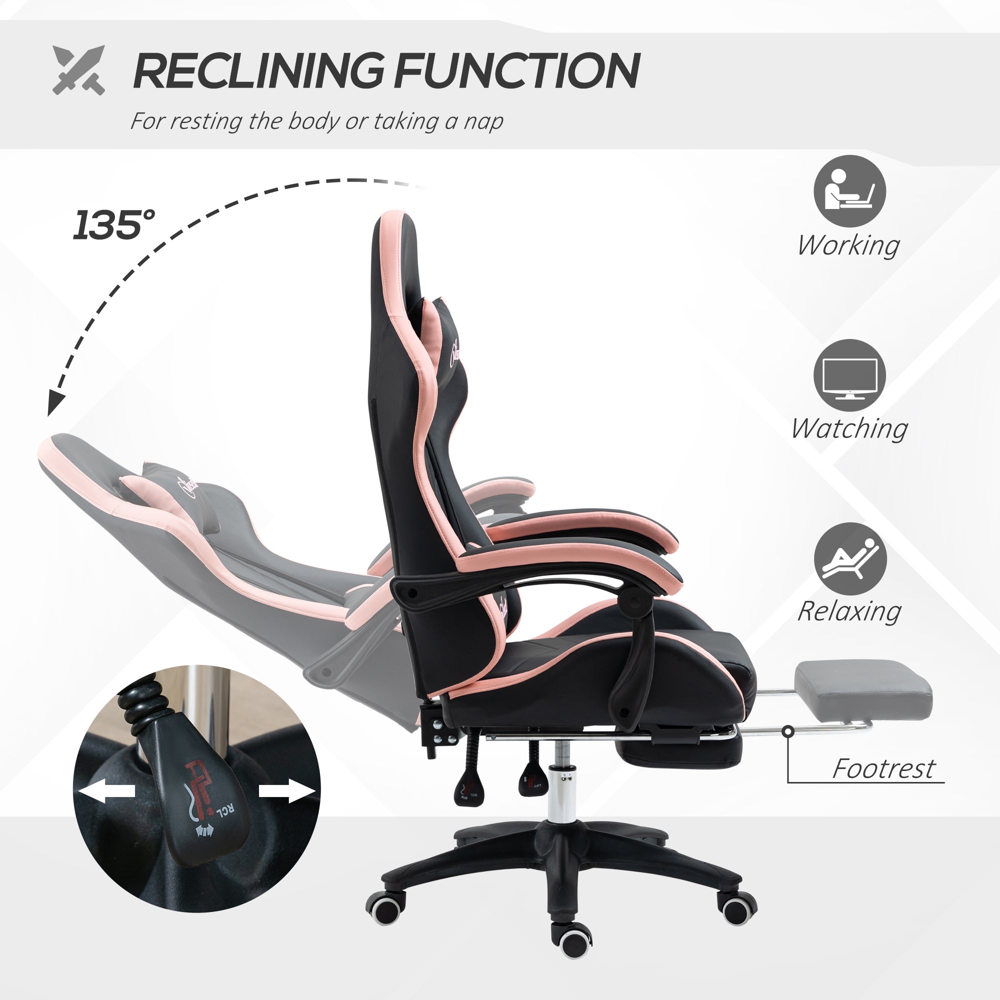 Vinsetto Computer Gaming Chair, PU Leather Office Desk Chair with Footrest, Swivel Wheels, 135√Ç¬∞ Reclining Back, Lumbar Support, Headrest for Home, Black and Pink