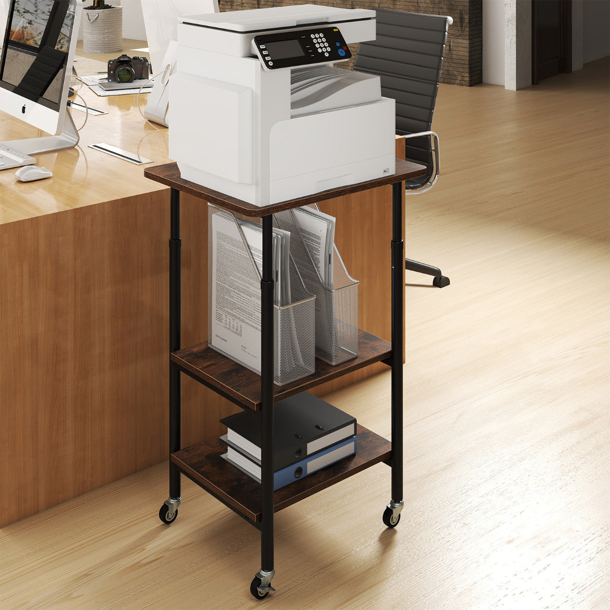 Height Adjustable Printer Stand with Storage Shelves and Locking Wheels-Rustic Brown