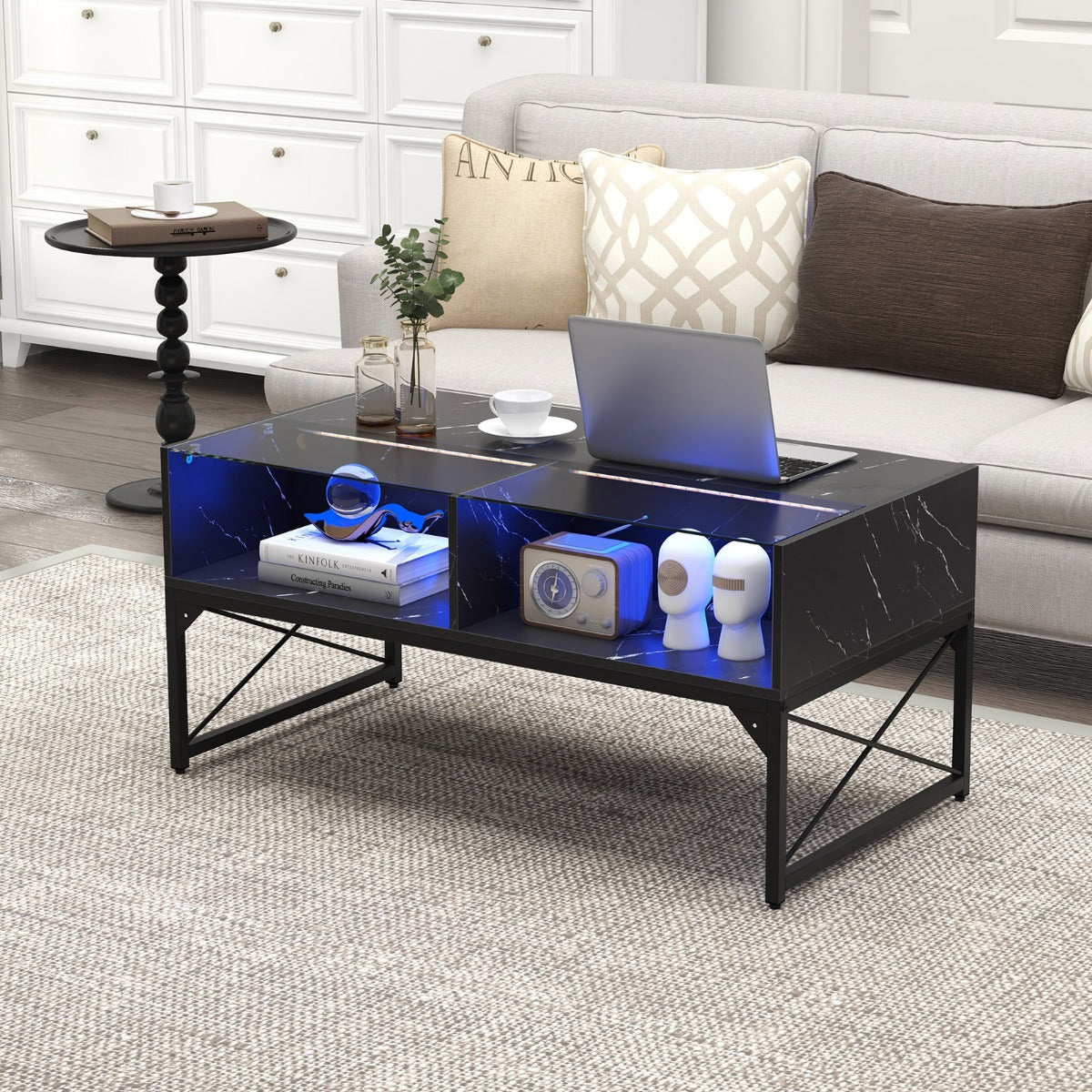 High-gloss LED Coffee Table with Faux Marble and Tempered Glass Top-Black