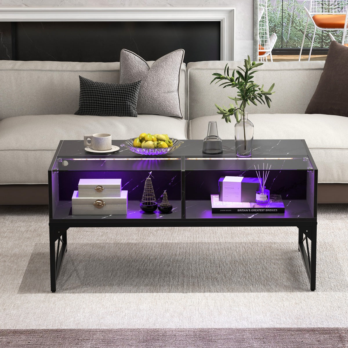 High-gloss LED Coffee Table with Faux Marble and Tempered Glass Top-Black