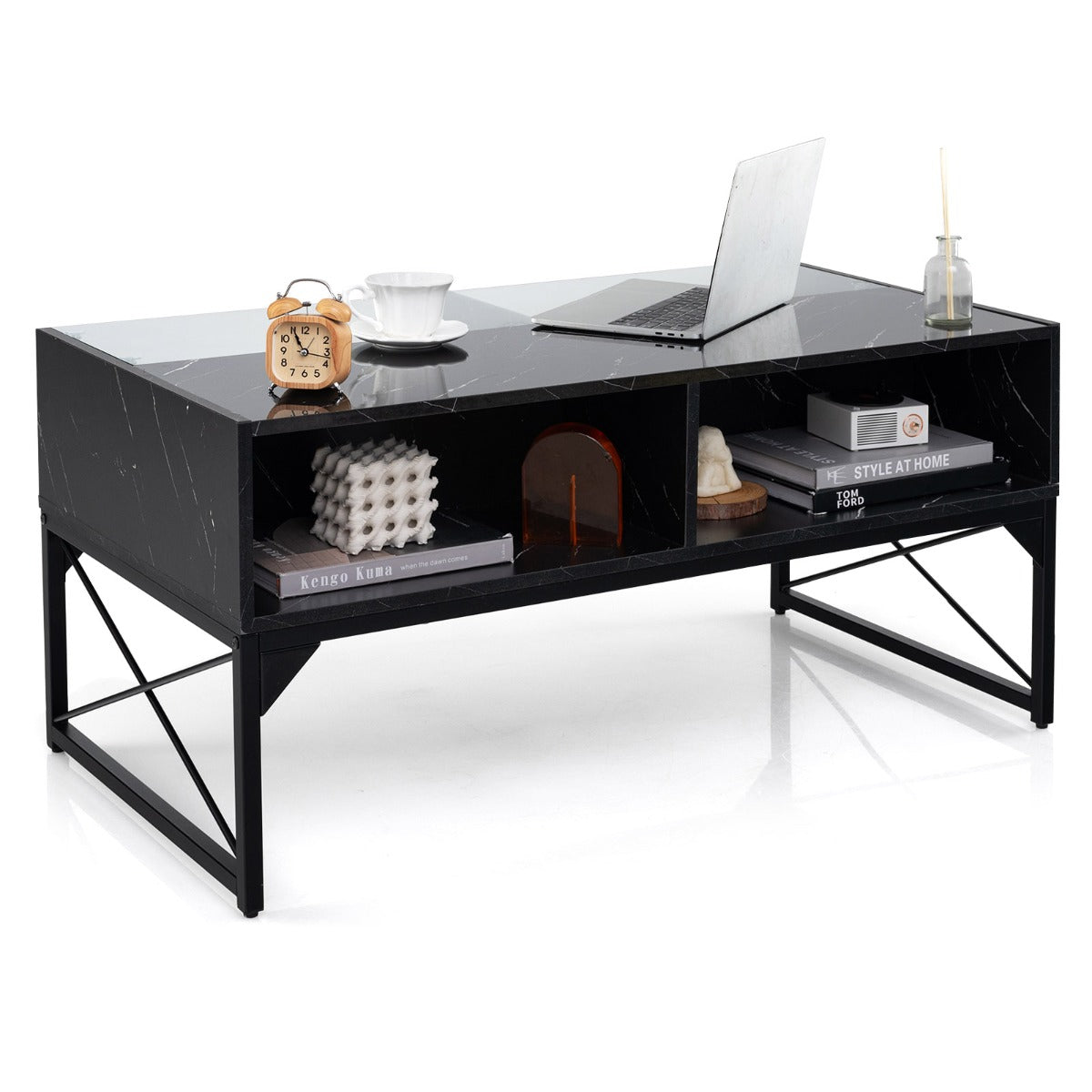 High-gloss LED Coffee Table with Faux Marble and Tempered Glass Top-Black