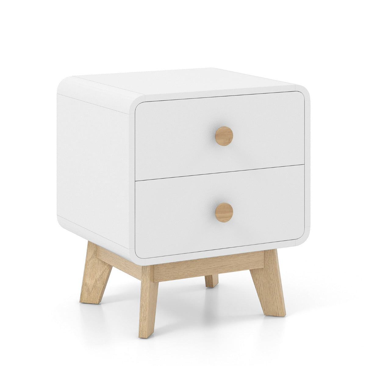 Modern 2-Drawer Nightstand Sofa Side Table with Solid Rubber Wood Legs-White