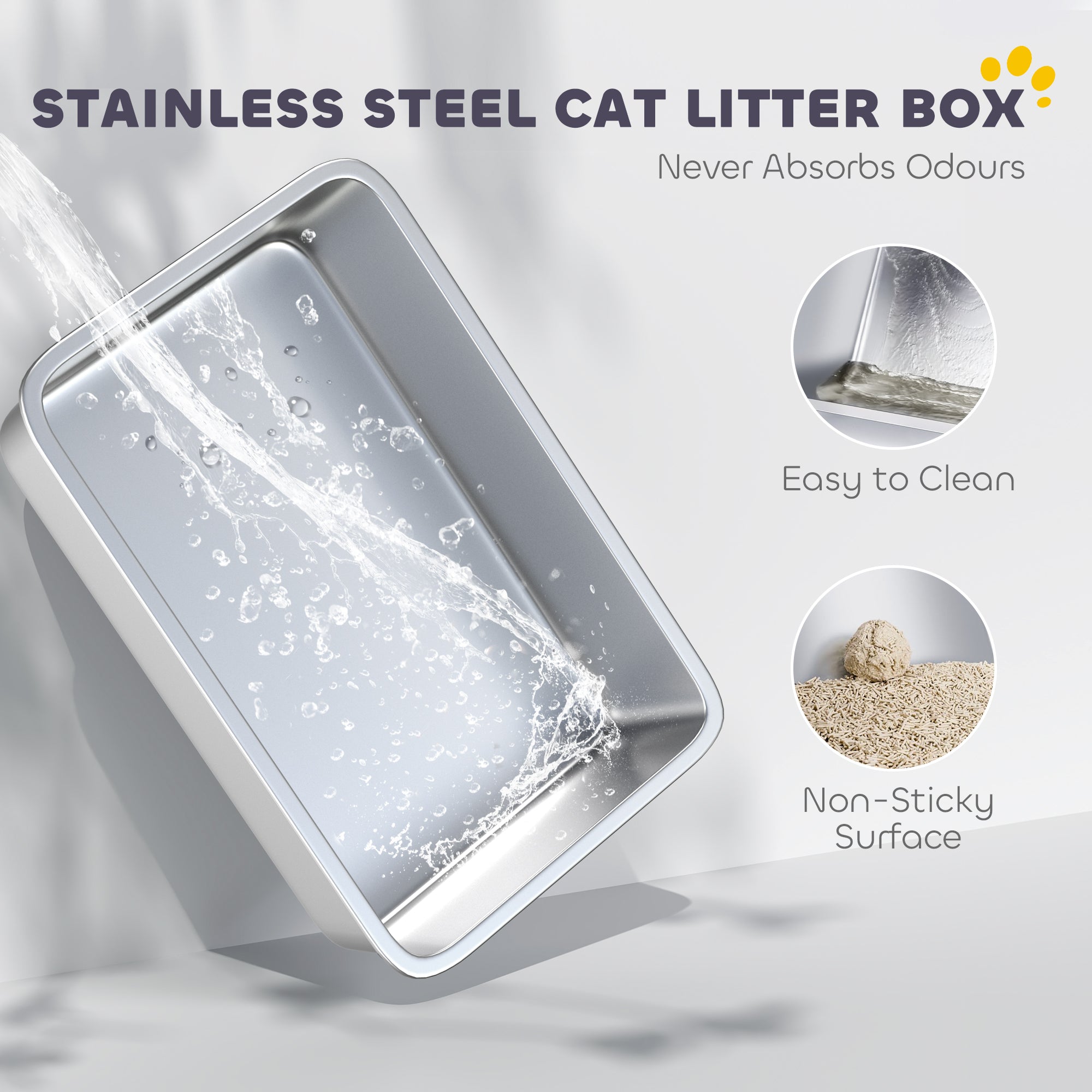 PawHut Stainless Steel Cat Litter Box with High Sides, Metal Scoop, 43 x 33 x 25 cm