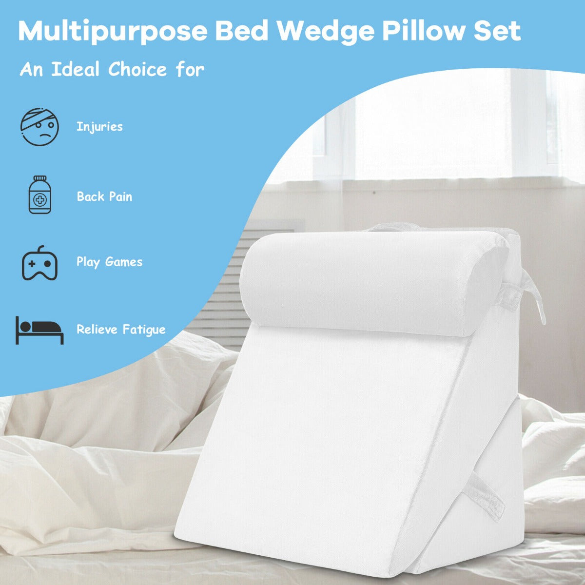Bed Wedge Pillow with Headrest and Washable Cover for Reading-White