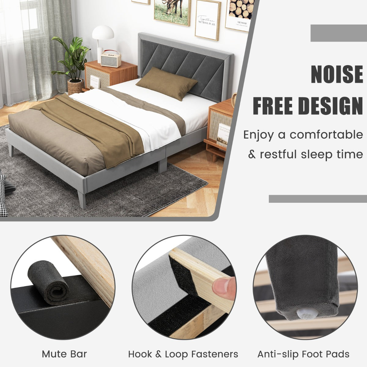 Single/Double Platform Bed with High Headboard &amp;12 Wooden Slats-Double Size