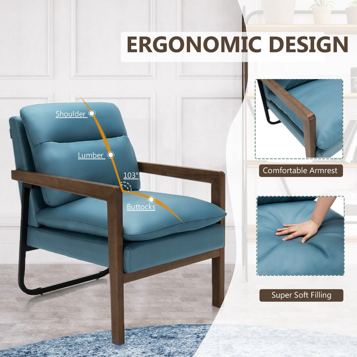 Accent Upholstered Armchair with Padded Backrest and Seat Cushion-Blue