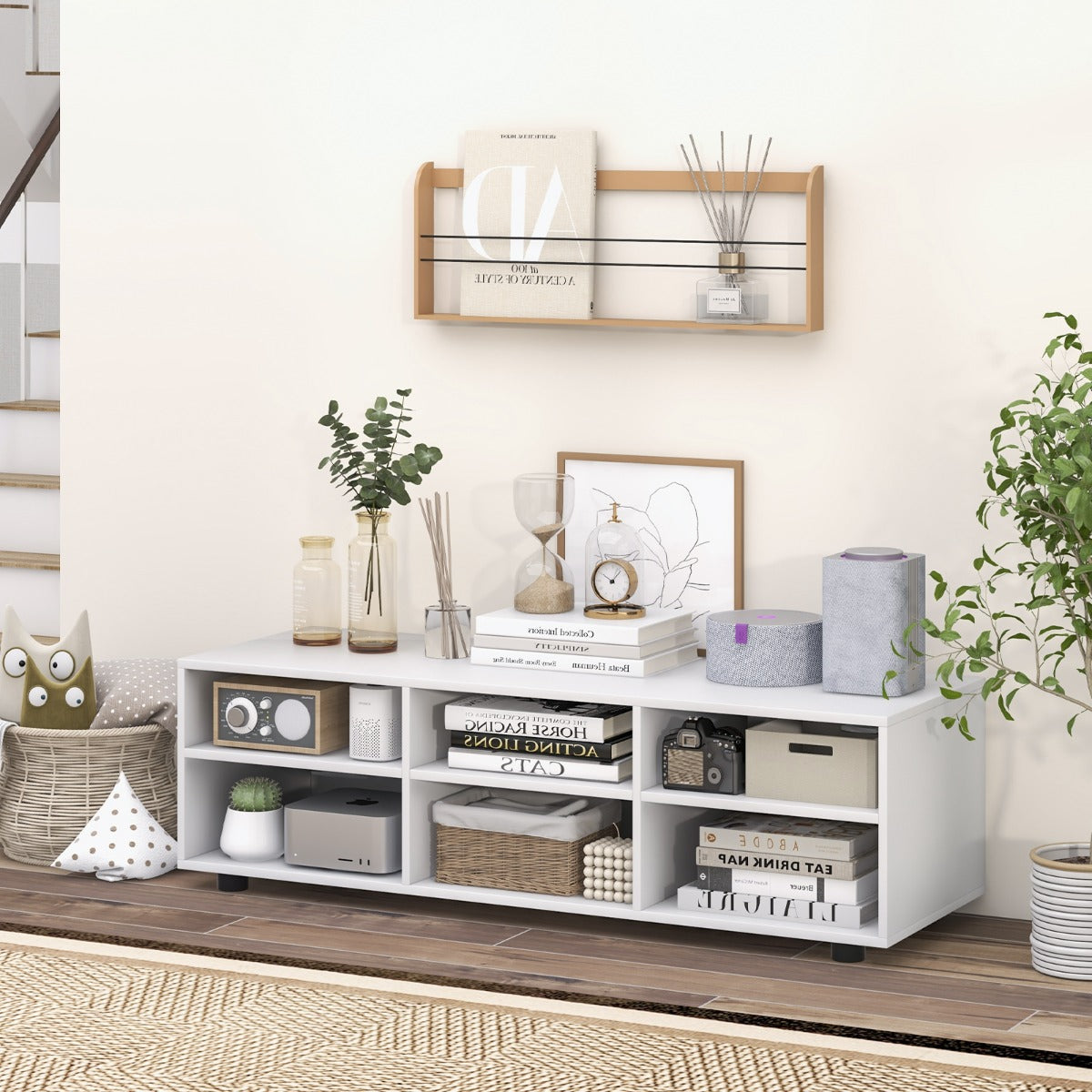 6-Cubby TV Stand TV Console Table with Adjustable Shelves-White