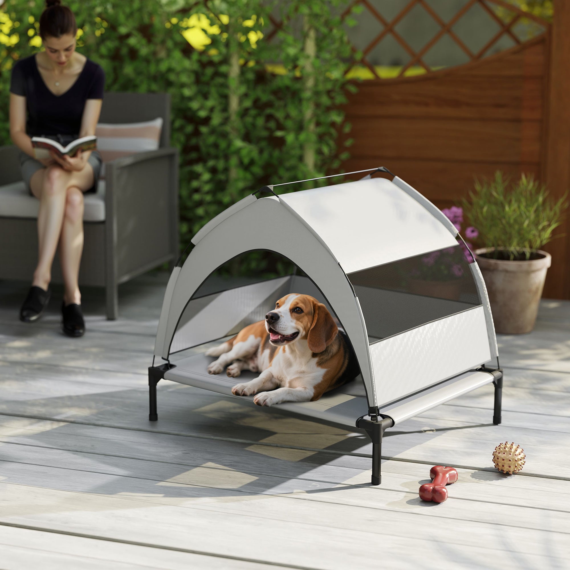 PawHut Portable Elevated Dog Bed with Removable Canopy, Cooling Raised Pet Cot for Small Medium Dogs, 76 x 61 x 60 cm