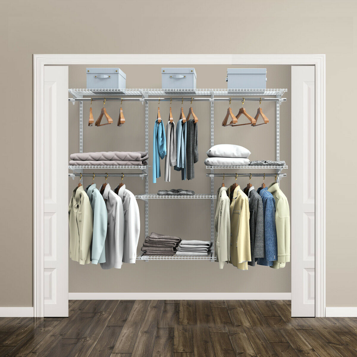 Closet Organiser System with Hanging Rod and Adjustable Metal Rail