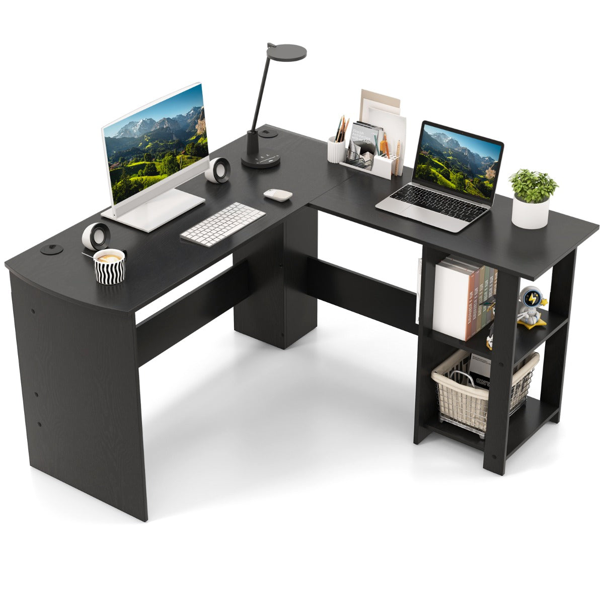 L-Shaped Computer Desk with 2-Tier Open Shelves