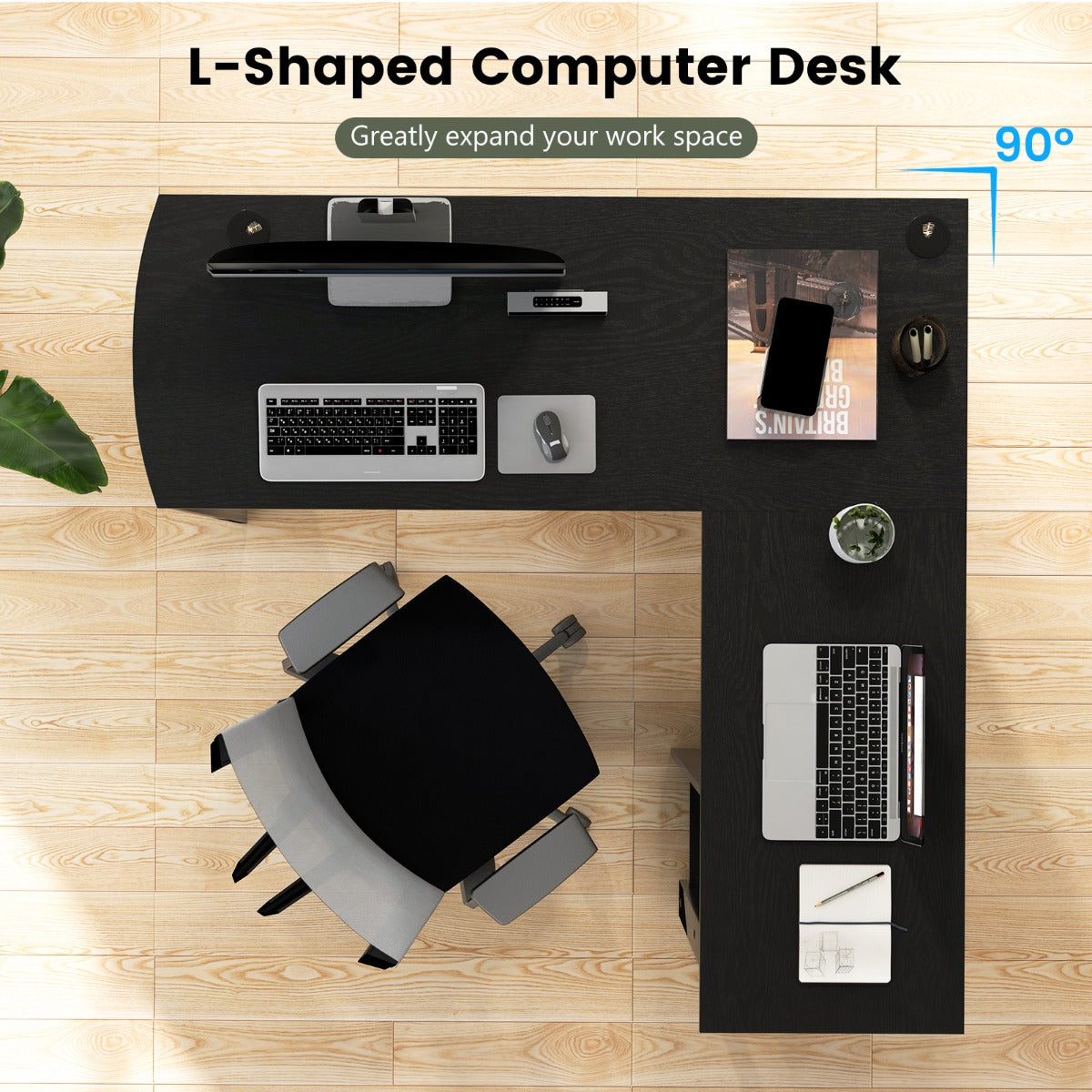 L-Shaped Computer Desk with 2-Tier Open Shelves