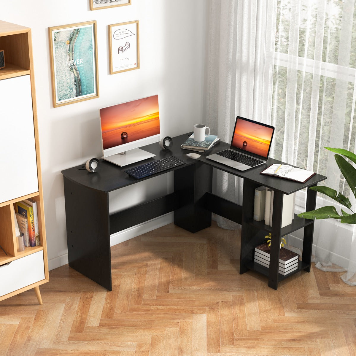 L-Shaped Computer Desk with 2-Tier Open Shelves