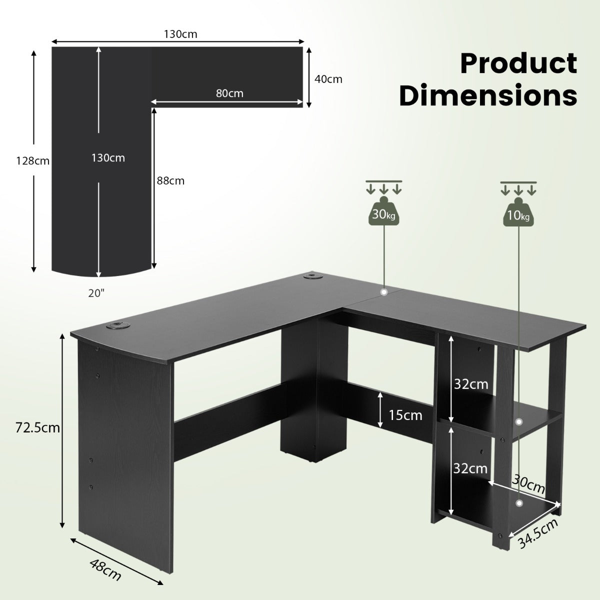 L-Shaped Computer Desk with 2-Tier Open Shelves