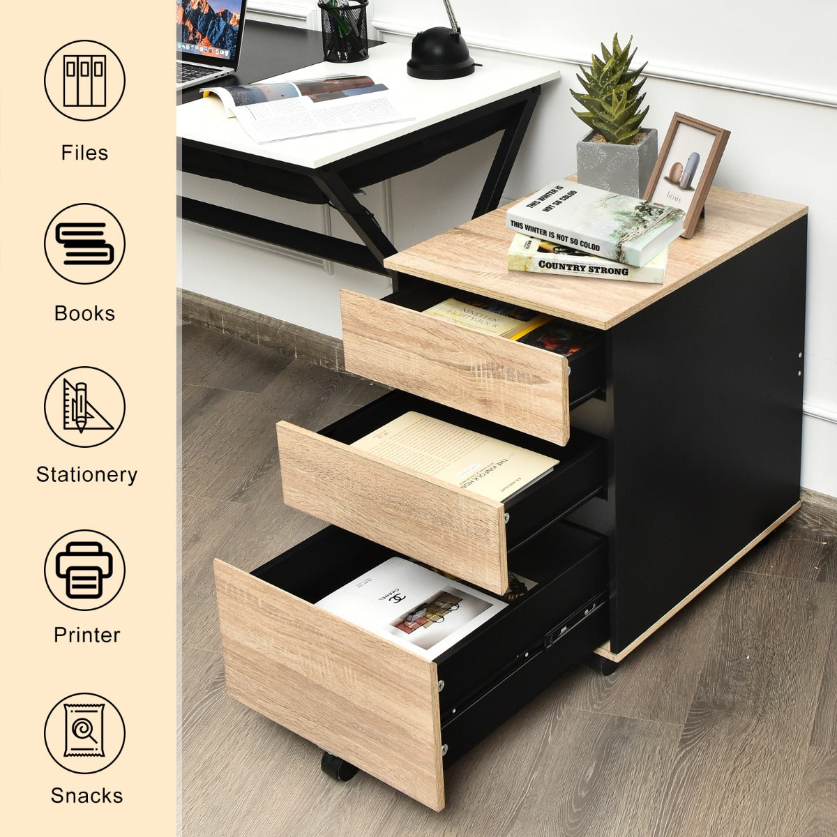 3-Drawer Mobile File Cabinet Vertical Filling Cabinet Under Desk