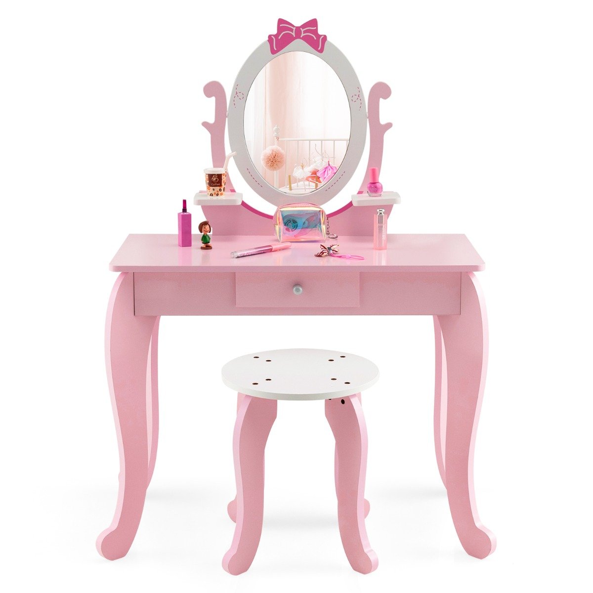 2 in 1 Kids Vanity Table with Stool and 360¬∞ Rotating Mirror-Pink &amp; White