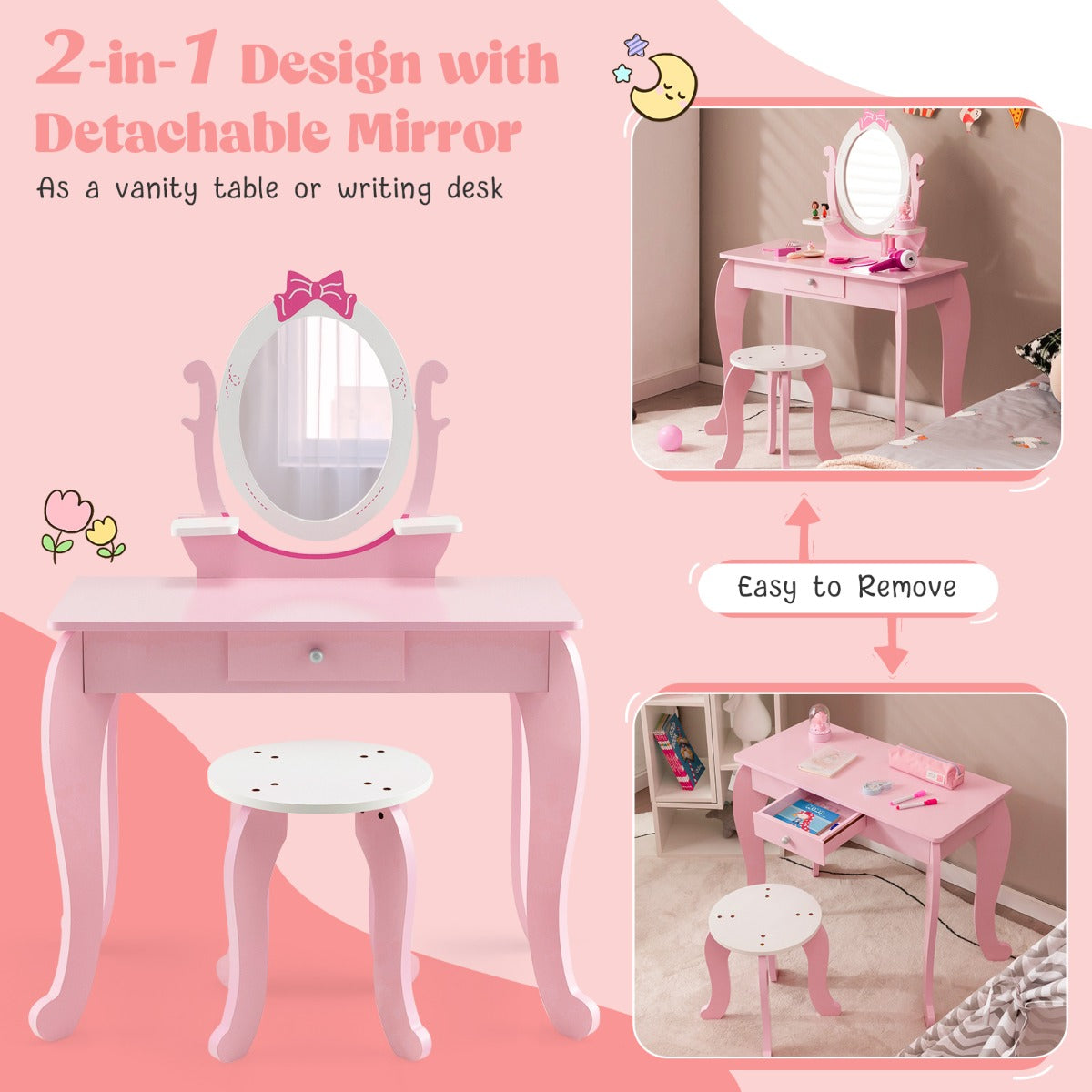 2 in 1 Kids Vanity Table with Stool and 360¬∞ Rotating Mirror-Pink &amp; White