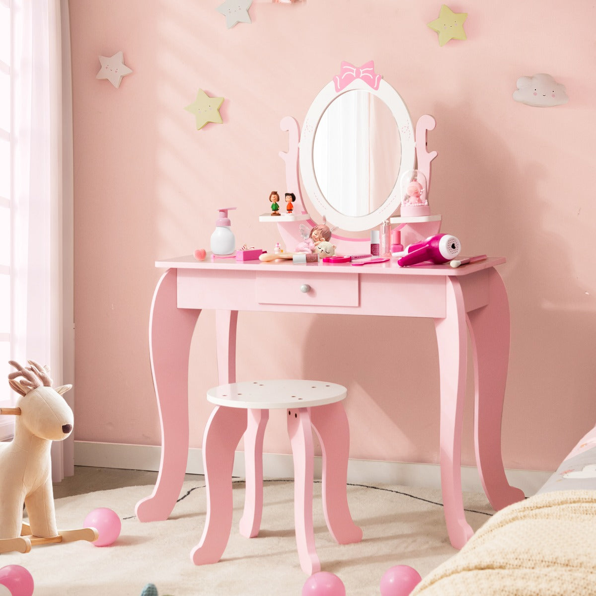 2 in 1 Kids Vanity Table with Stool and 360¬∞ Rotating Mirror-Pink &amp; White