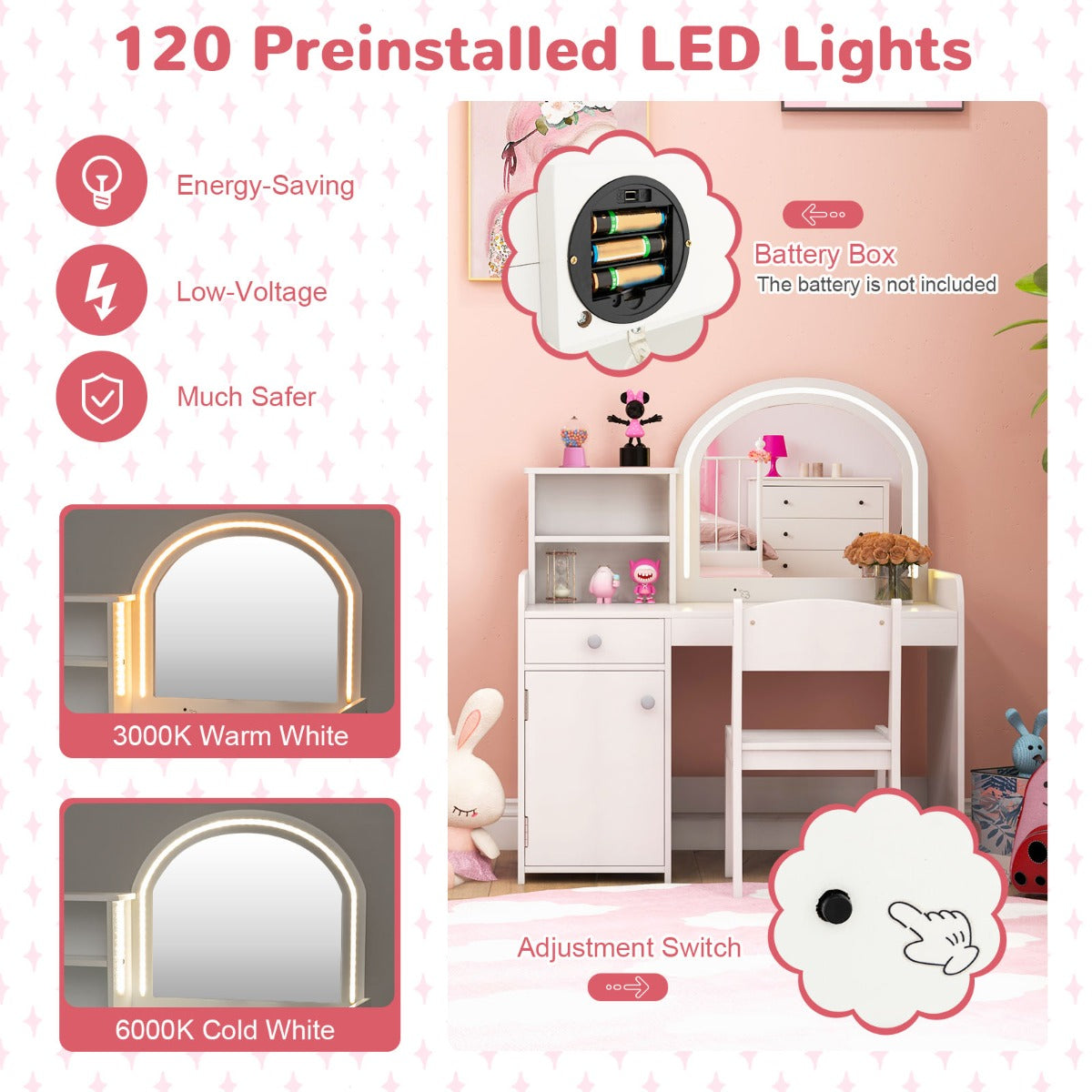 Kids Vanity Table and Chair Set with Shelves Drawer and Cabinet-White