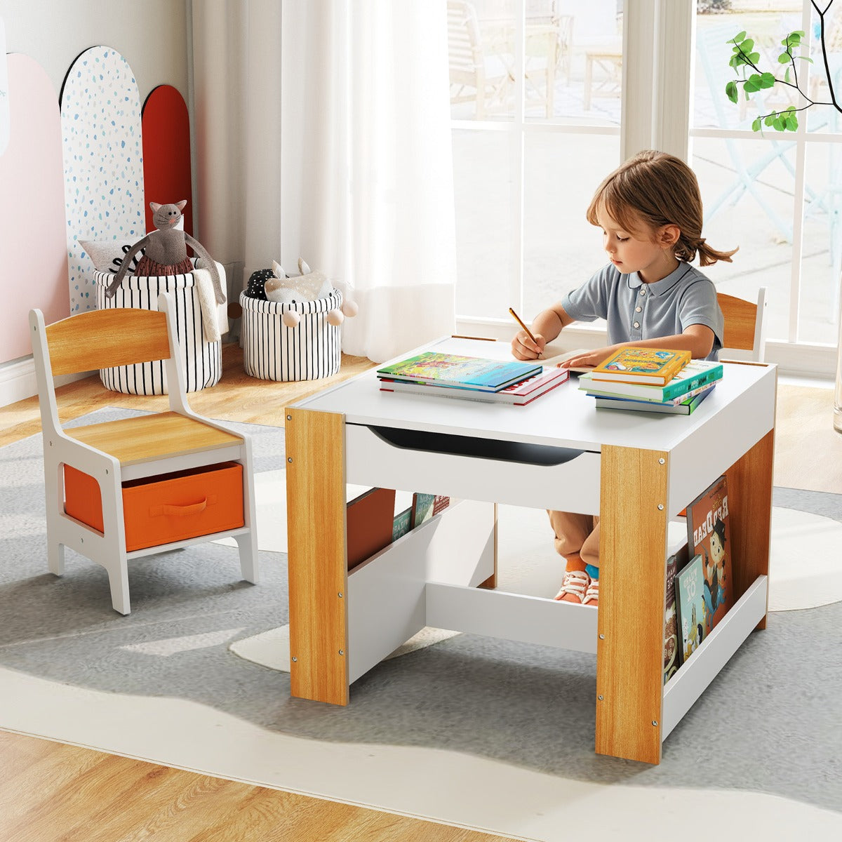 4 in 1 Kids Table and Chairs Set with Reversible Tabletop and Bookshelves-Natural