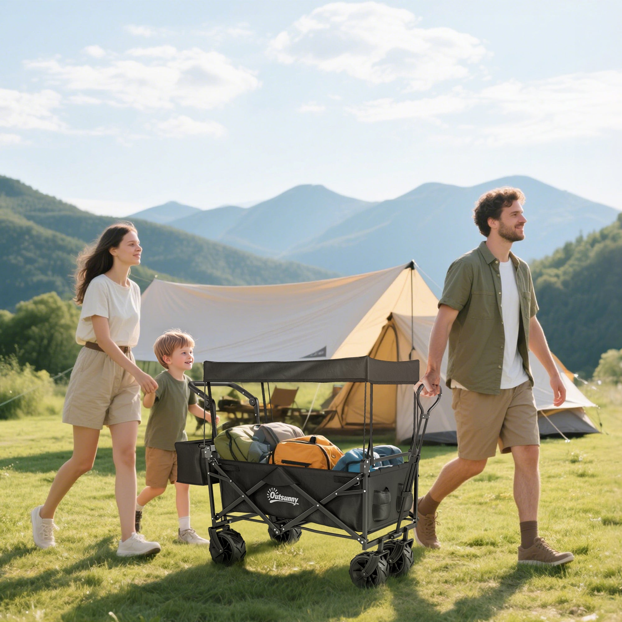 Outsunny Folding Trolley Cart Storage Wagon Beach Trailer 4 Wheels with Handle Overhead Canopy Cart Push Pull for Camping, Black