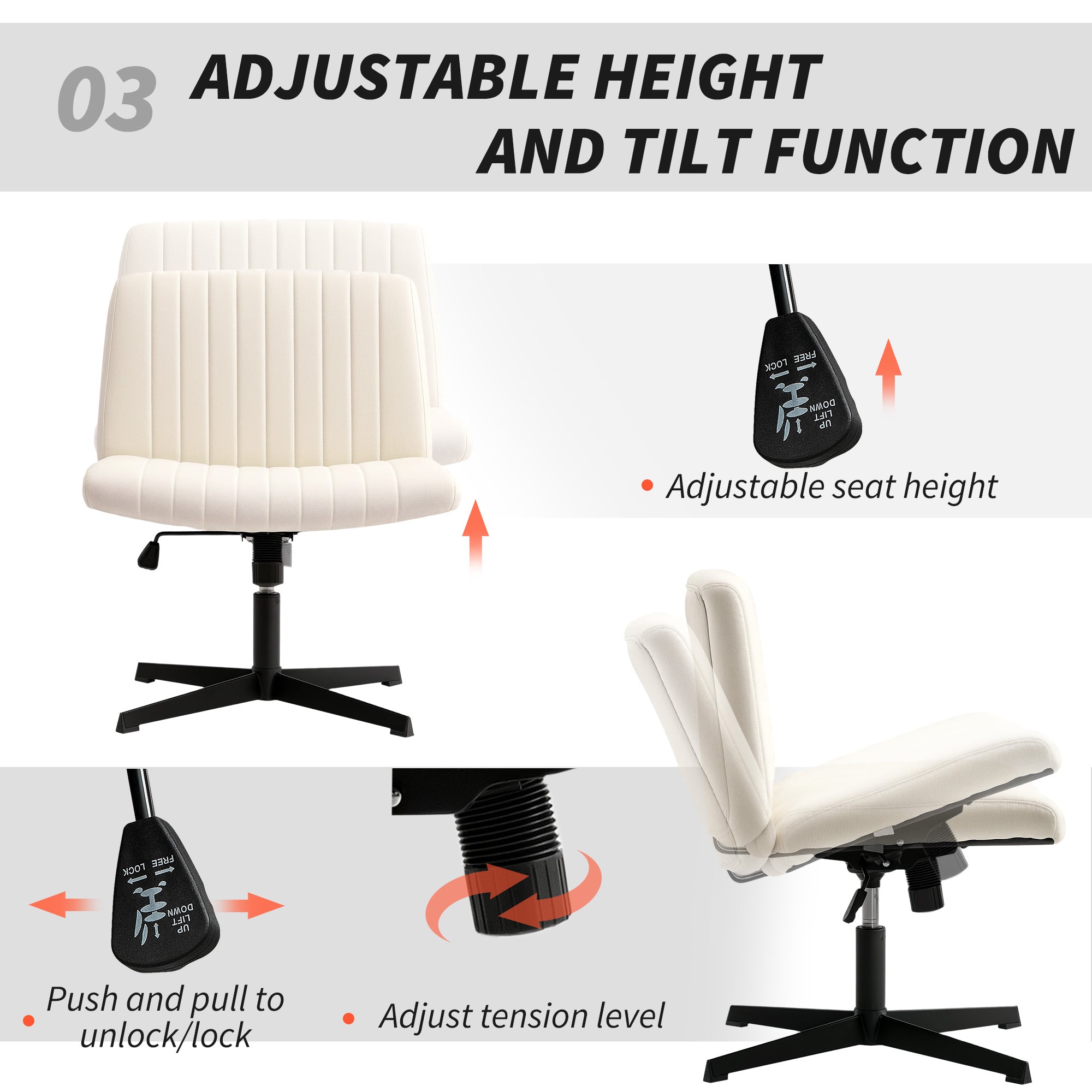 HOMCOM Armless Office Chair No Wheels, Linen Fabric Criss Cross Legged Desk Chair with Wide Seat, Thick Padding, Tilt Function, Height Adjustable Swivel Computer Seat for Home, Cream