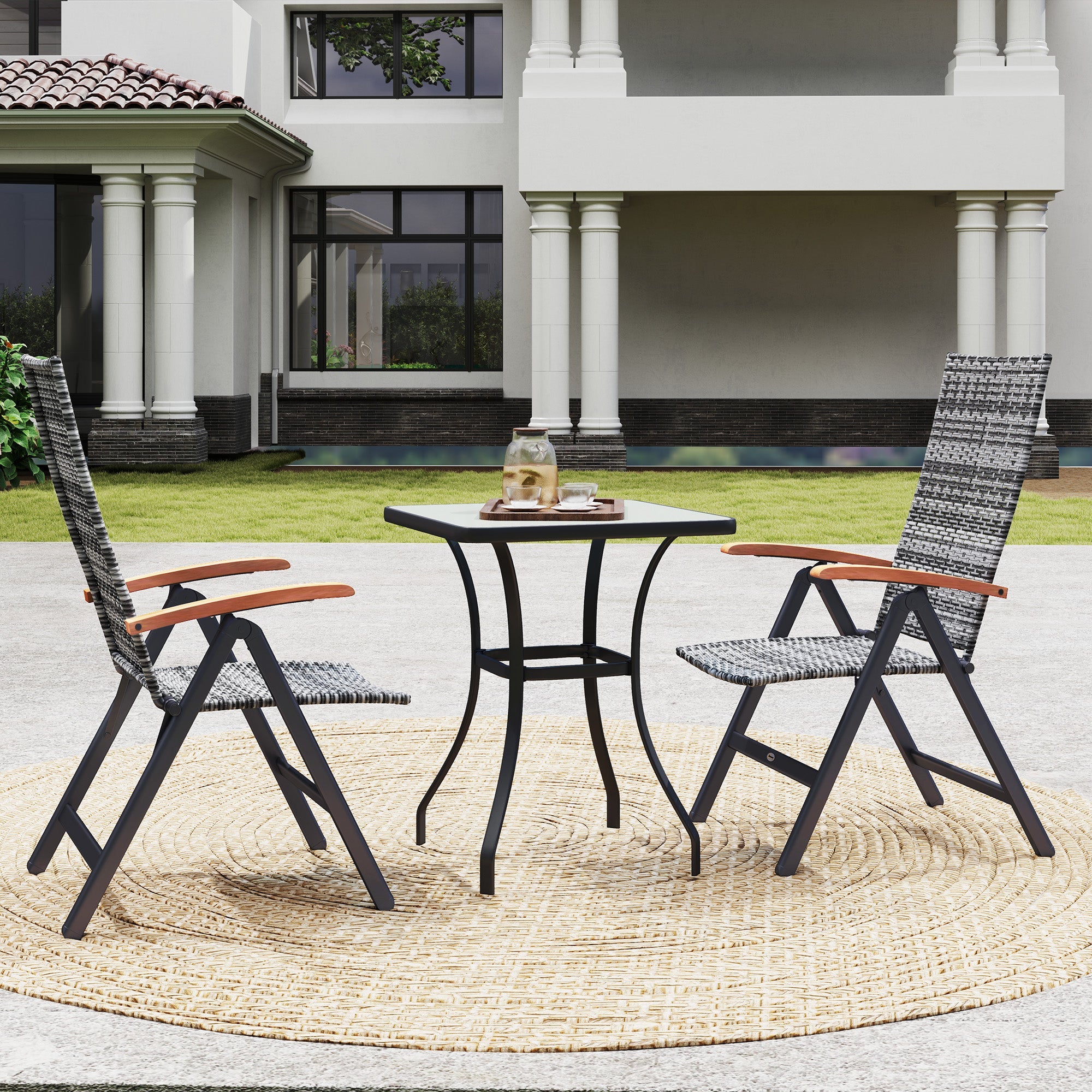 Outsunny 2 Pieces Folding Rattan Garden Dining Chairs with 5-level Reclining High Back, Wood Armrests for Outdoor - Light Grey