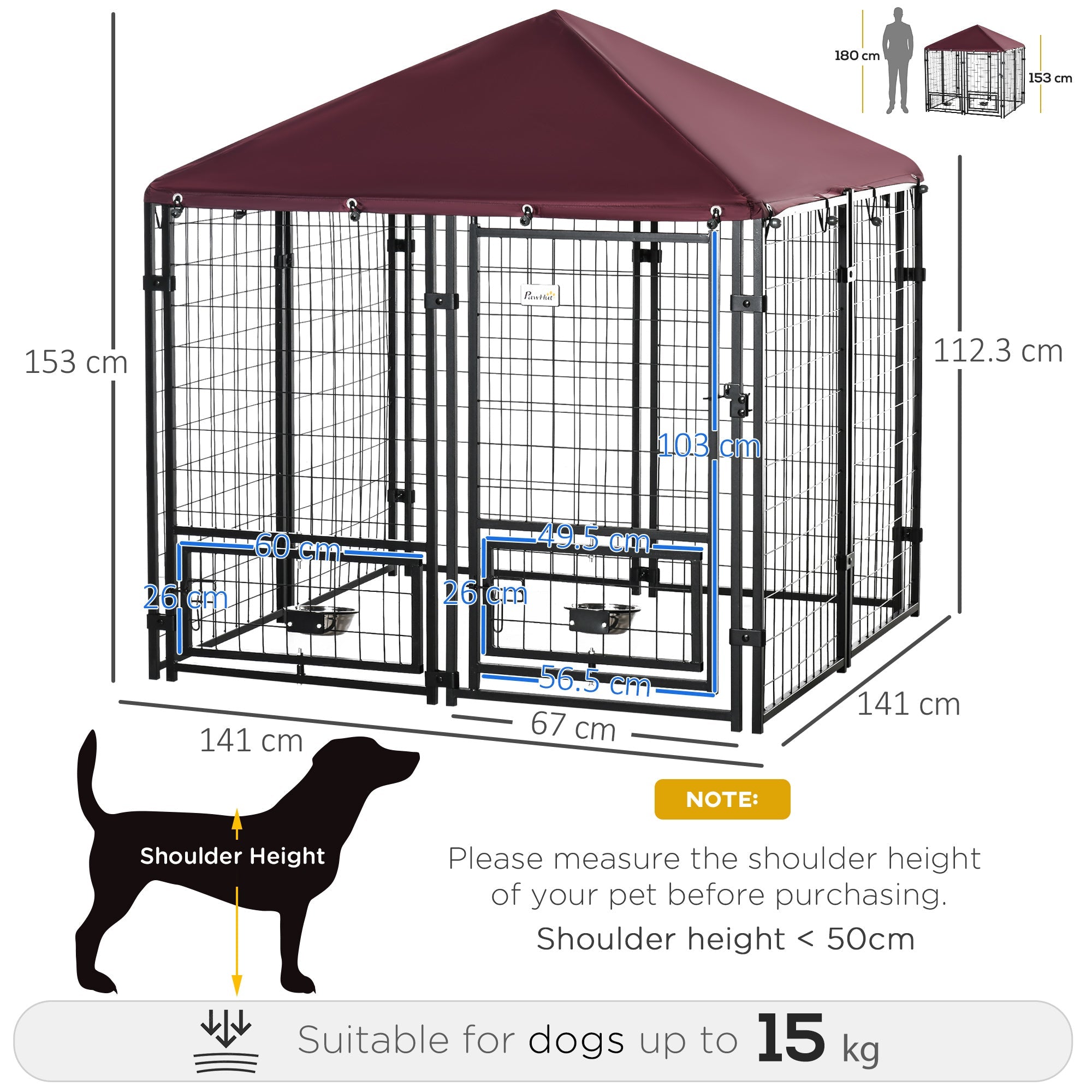 PawHut Outdoor Dog Kennel with Rotating Bowl Holders, Water and UV-Resistant Cover, for Medium, Small Dogs, Red