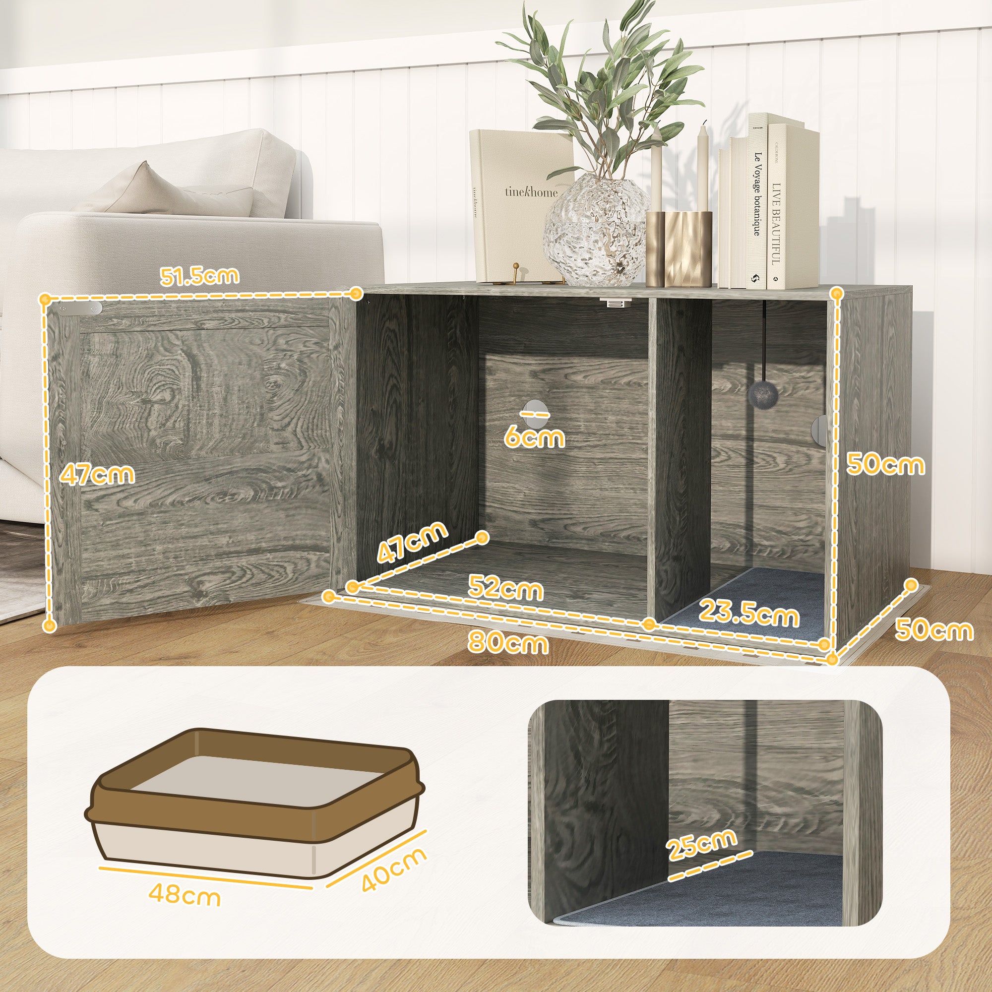 PawHut Cat Litter Box Enclosure with Rattan Door, Scratching Mat, Toy Ball, Non-Slip Foot Pads, Grey