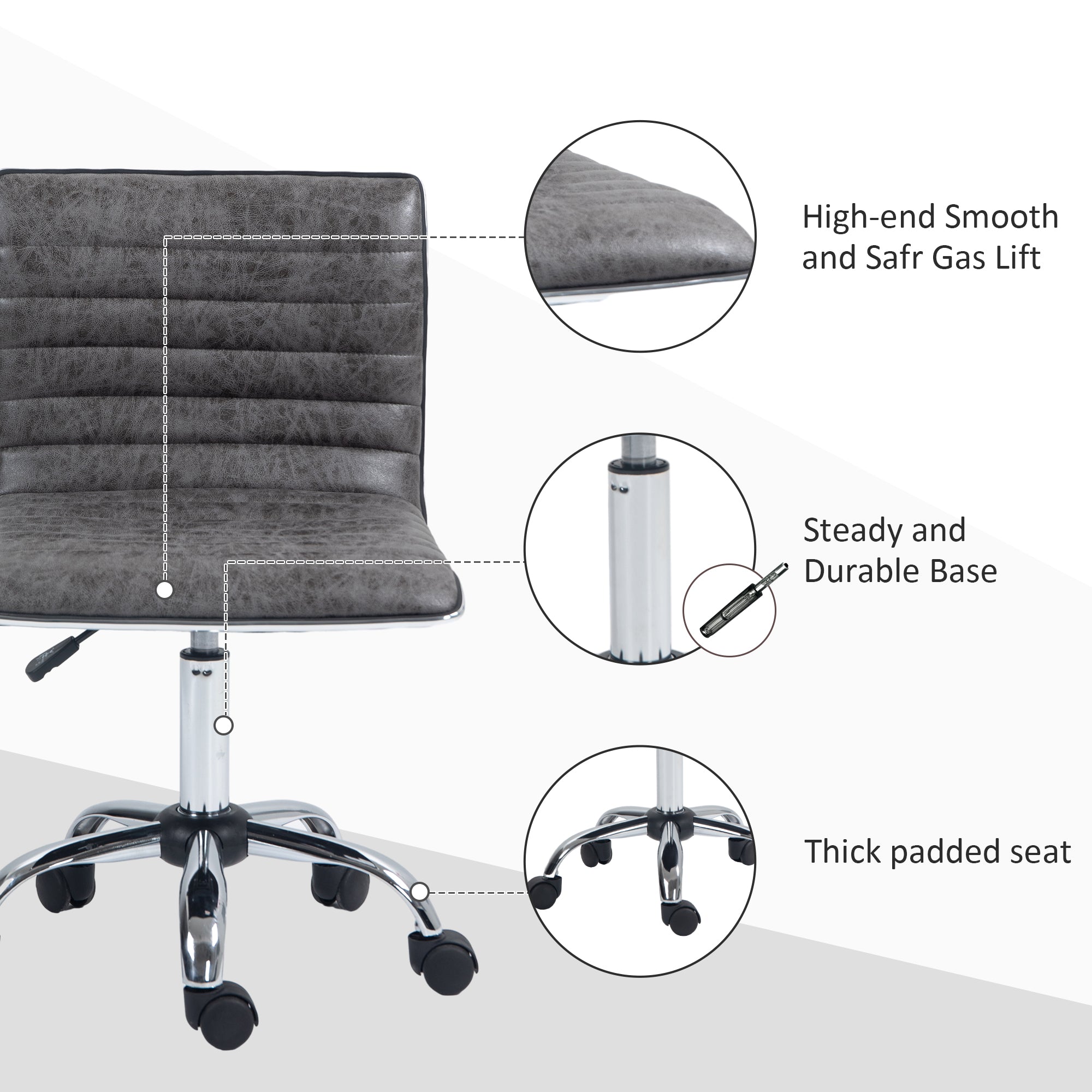 HOMCOM Armless Task Desk Chair, Swivel Office Chair with Microfibre Cloth, Adjustable Seat Height, Chrome Base, Wheels for Home, Grey