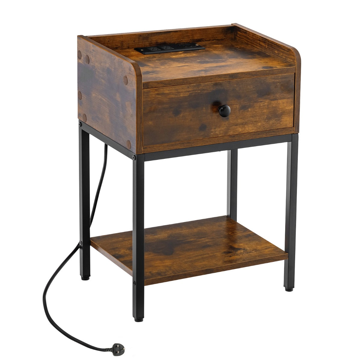 Nightstand with Charging Station Storage Drawer and Open Shelf-Rustic Brown