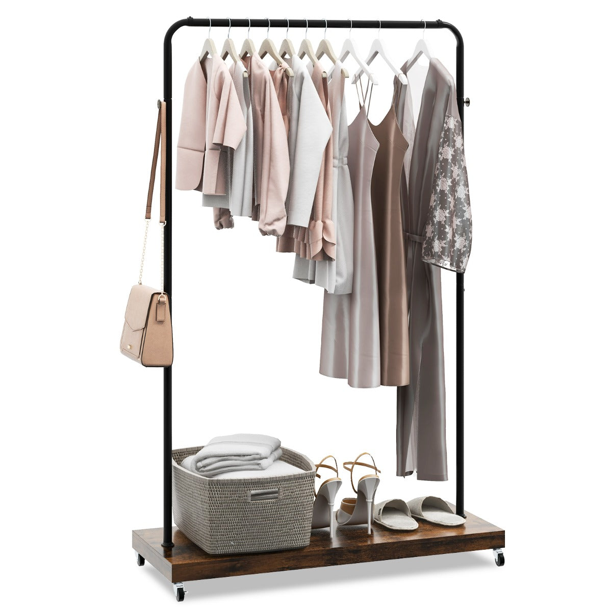 Industrial Clothes Rack Rolling Garment Rack with Bottom Storage Shelf-Rustic Brown