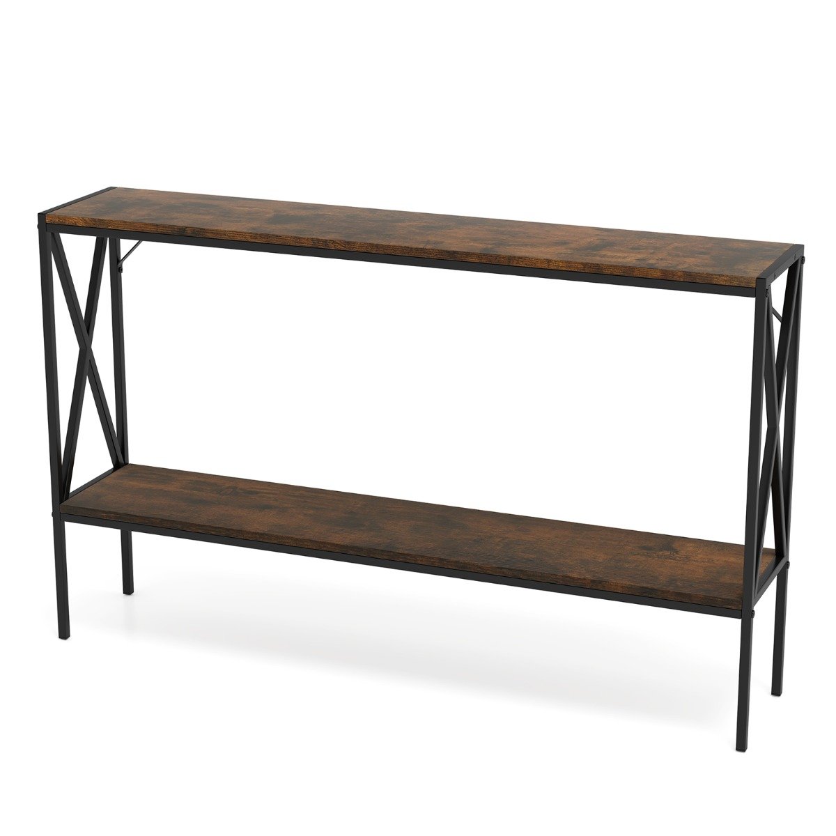 Industrial Console Table 2-Tier Narrow Sofa Table Behind Couch-Rustic Brown